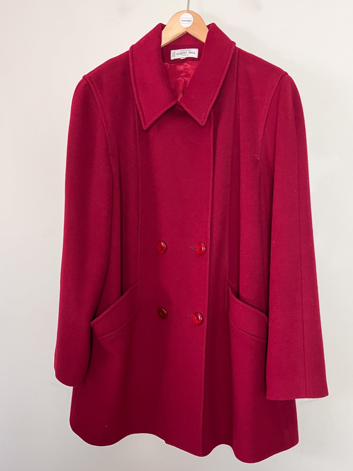 Manteau Vintage Années 80 90 Rouge Grenat - Laine & Cachemire - Fabriqué en France - T. 40/42