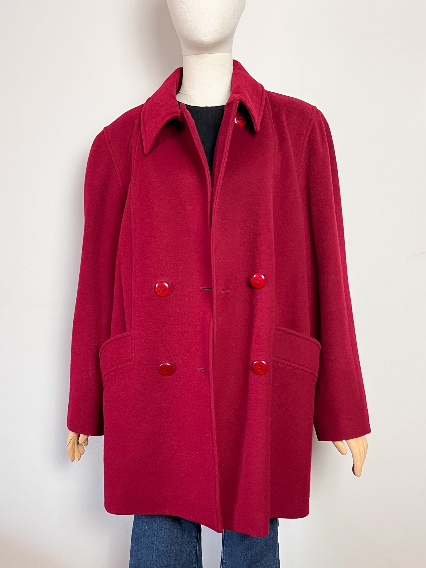 Manteau Vintage Années 80 90 Rouge Grenat - Laine & Cachemire - Fabriqué en France - T. 40/42