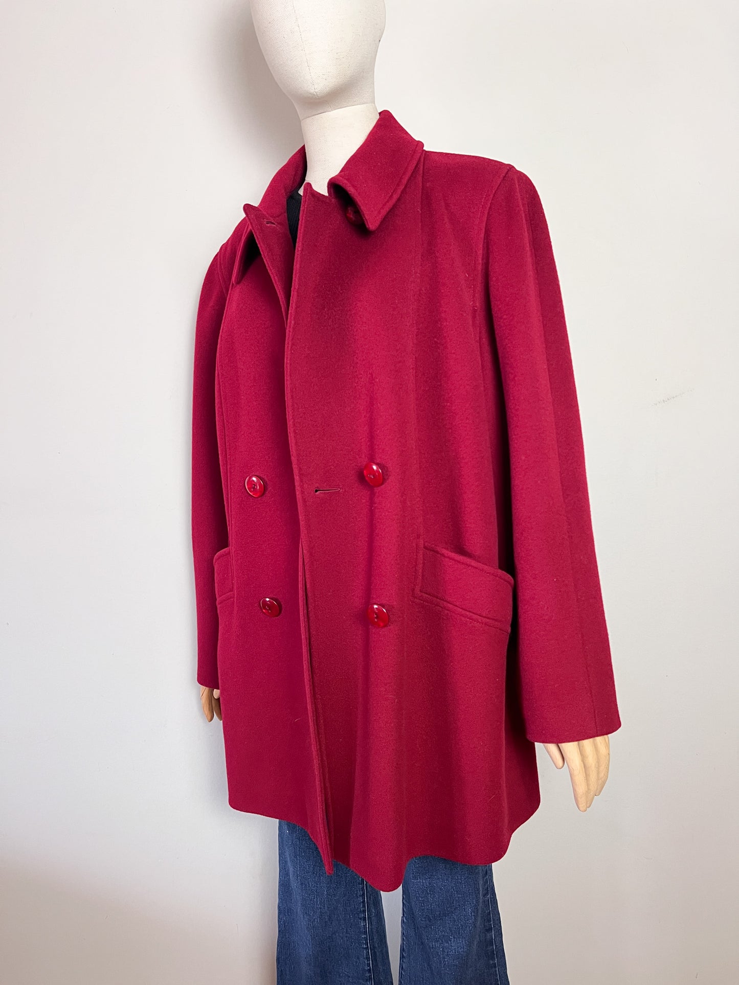Manteau Vintage Années 80 90 Rouge Grenat - Laine & Cachemire - Fabriqué en France - T. 40/42