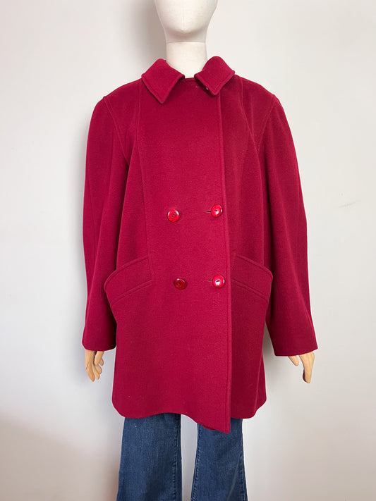 Manteau Vintage Années 80 90 Rouge Grenat - Laine & Cachemire - Fabriqué en France - T. 40/42