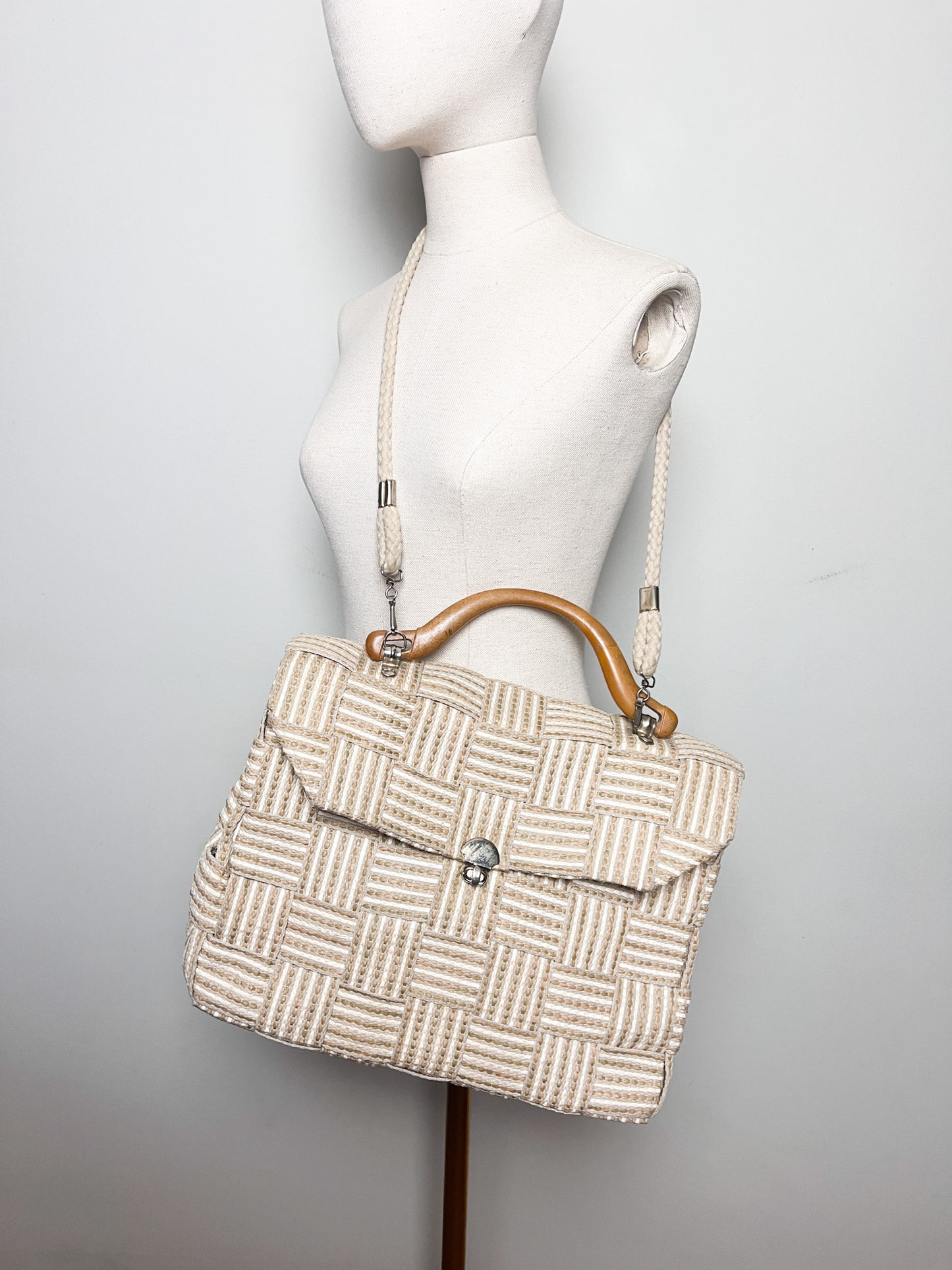 Sac Vintage Années 90 en Raphia Tressé - Anse Effet Bois - Porté Main & Bandoulière
