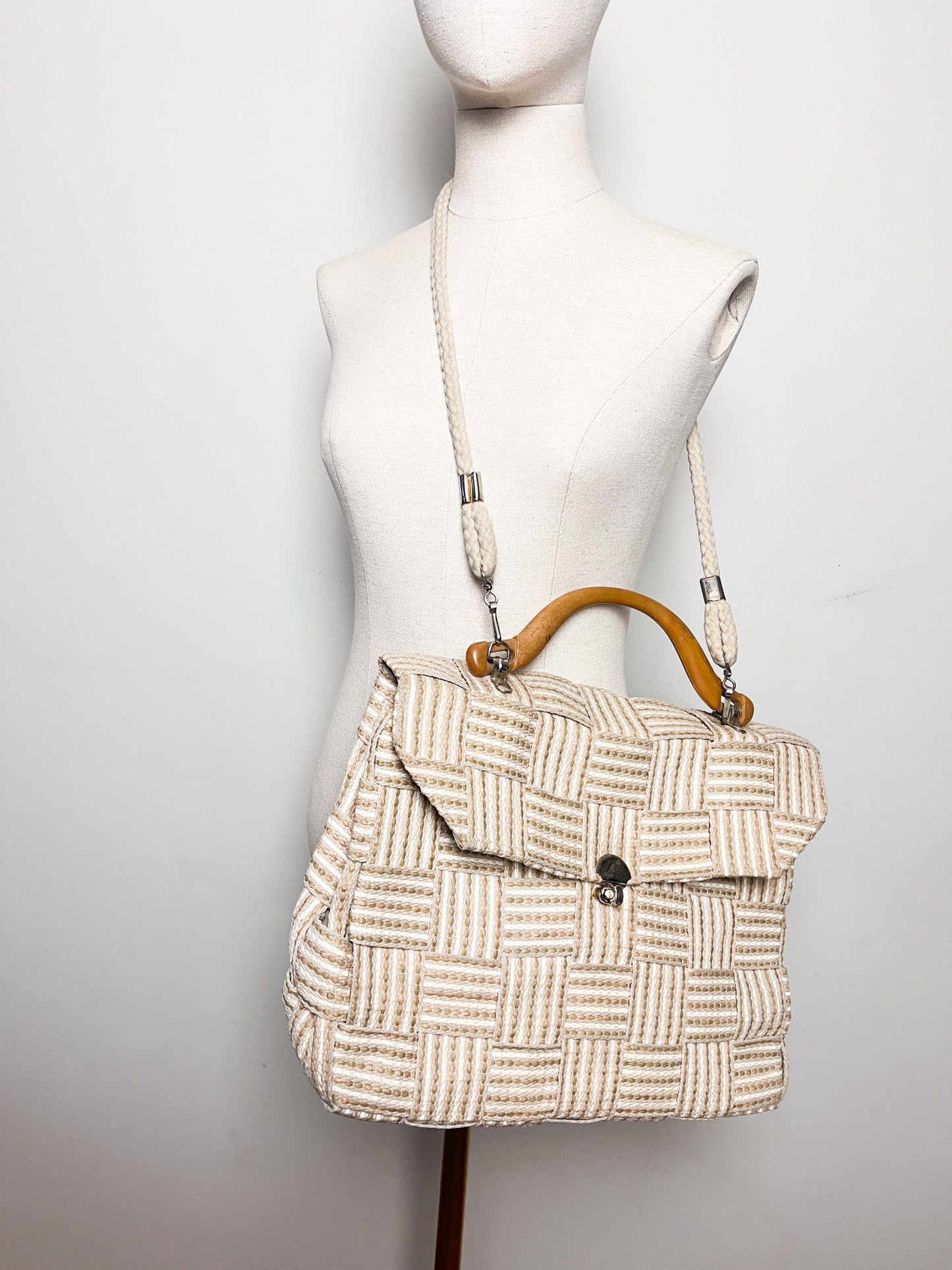 Sac Vintage Années 90 en Raphia Tressé - Anse Effet Bois - Porté Main & Bandoulière