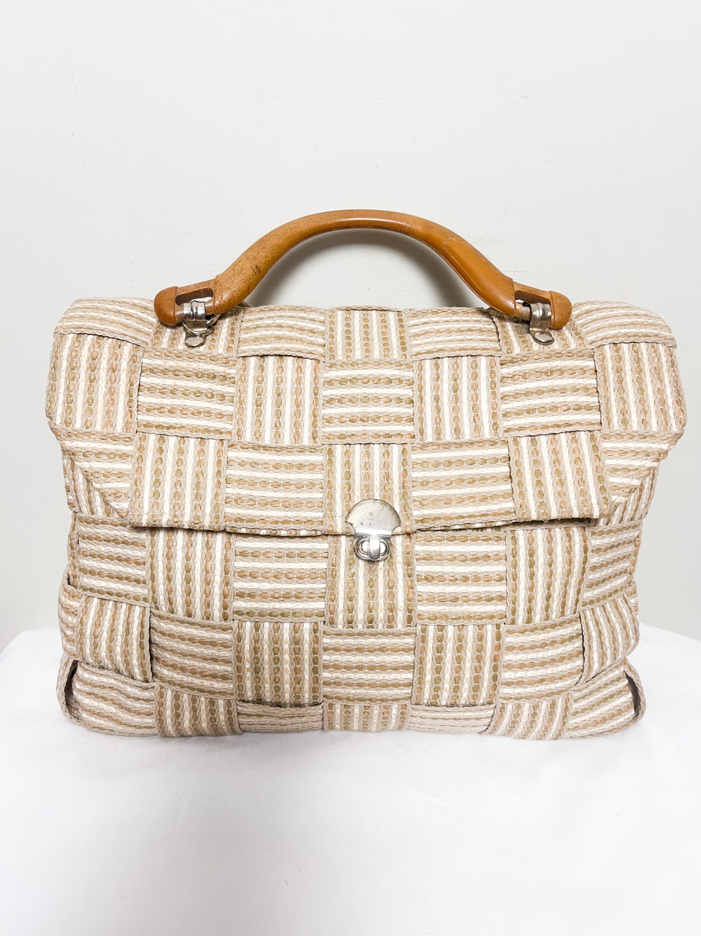 Sac Vintage Années 90 en Raphia Tressé - Anse Effet Bois - Porté Main & Bandoulière