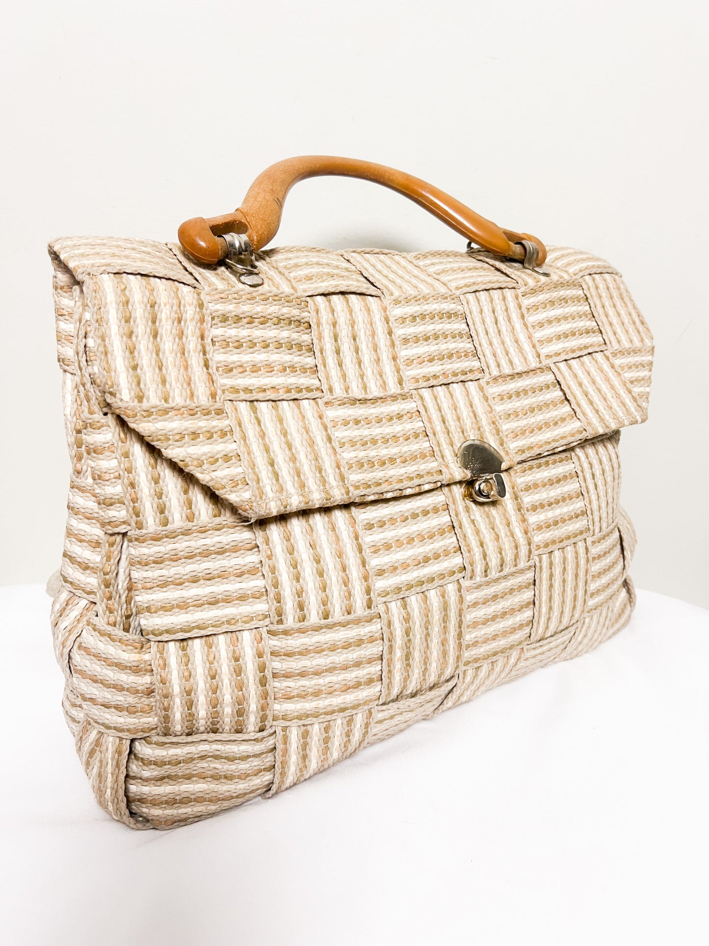 Sac Vintage Années 90 en Raphia Tressé - Anse Effet Bois - Porté Main & Bandoulière
