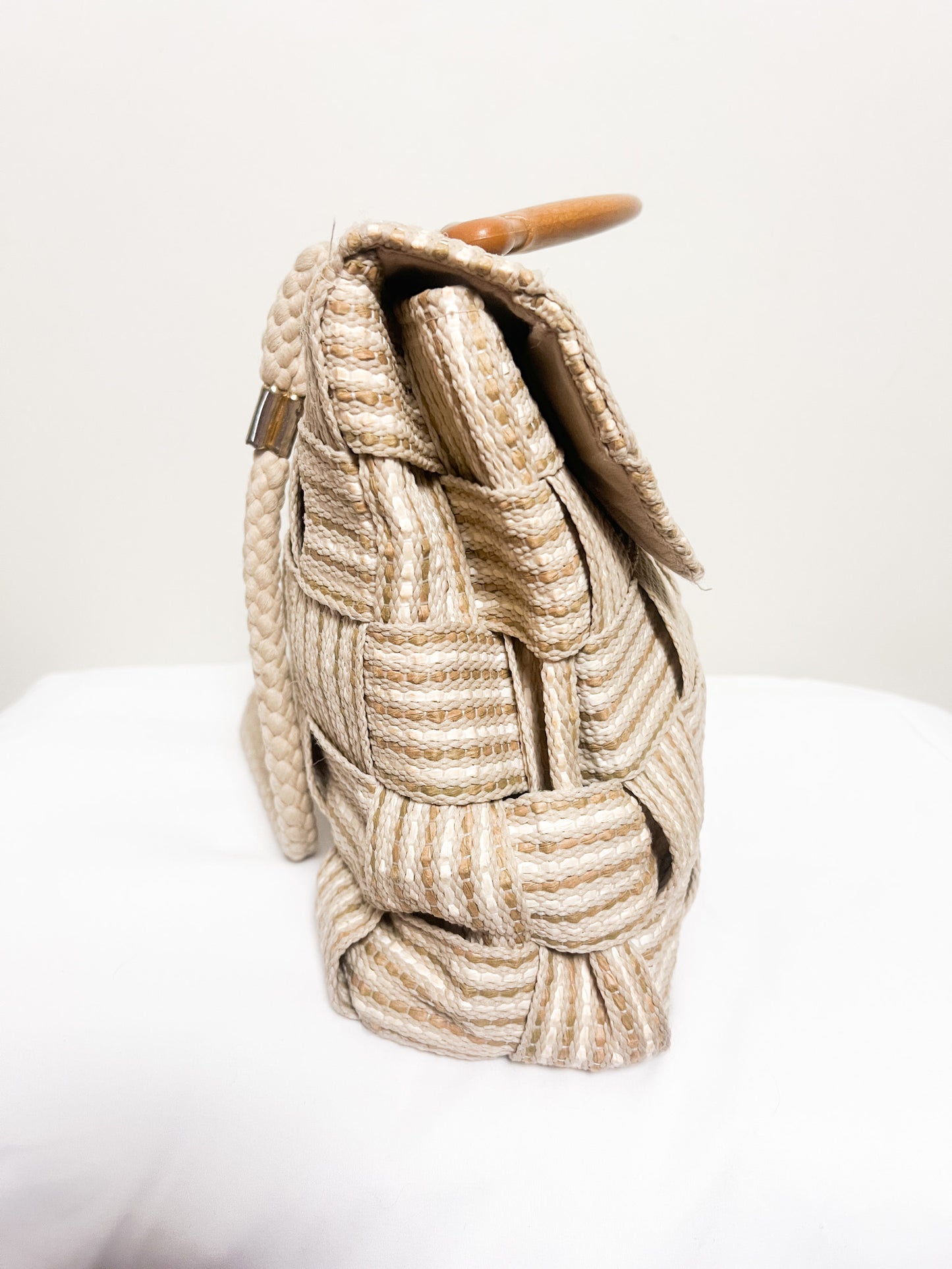 Sac Vintage Années 90 en Raphia Tressé - Anse Effet Bois - Porté Main & Bandoulière