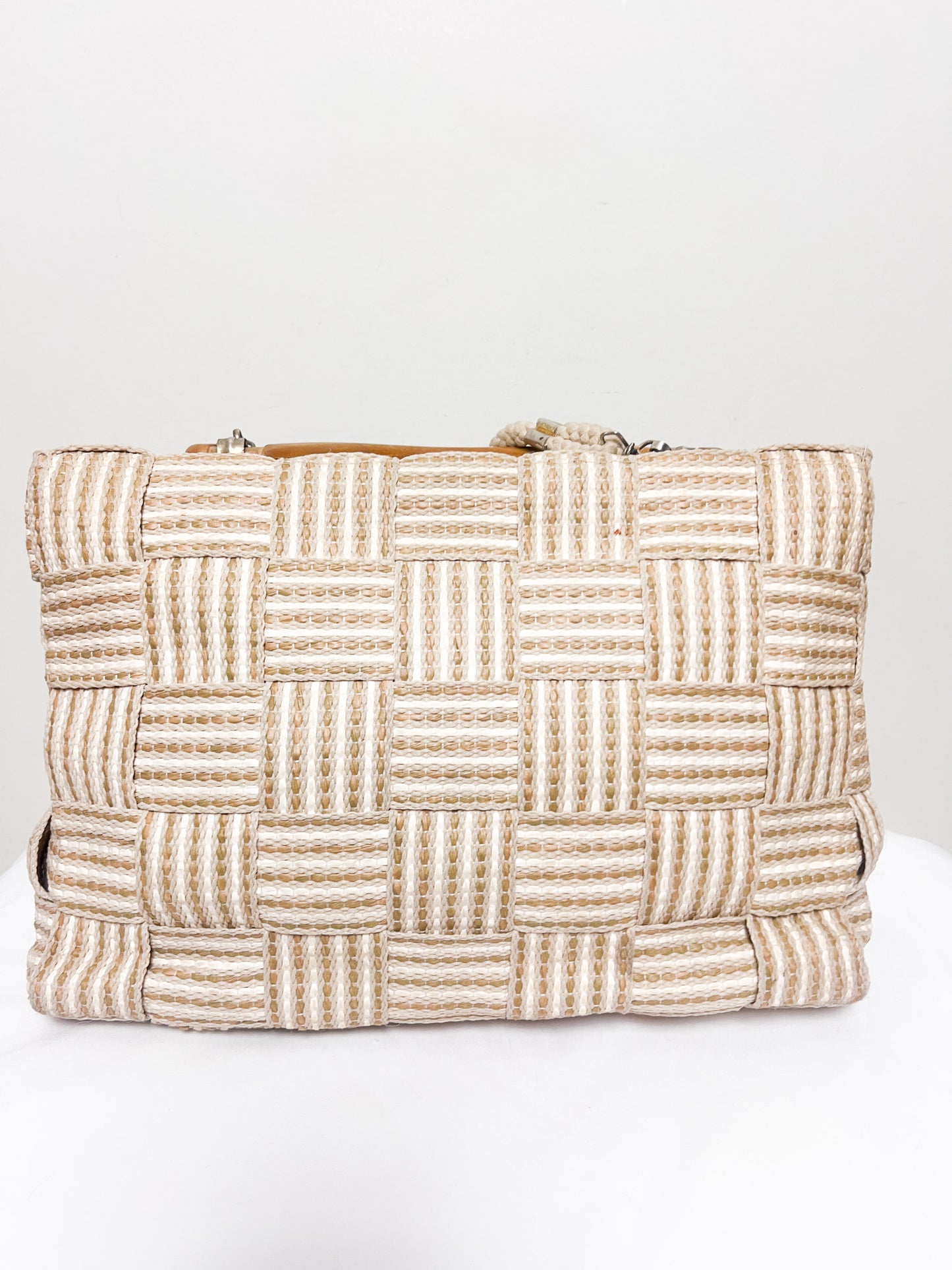 Sac Vintage Années 90 en Raphia Tressé - Anse Effet Bois - Porté Main & Bandoulière