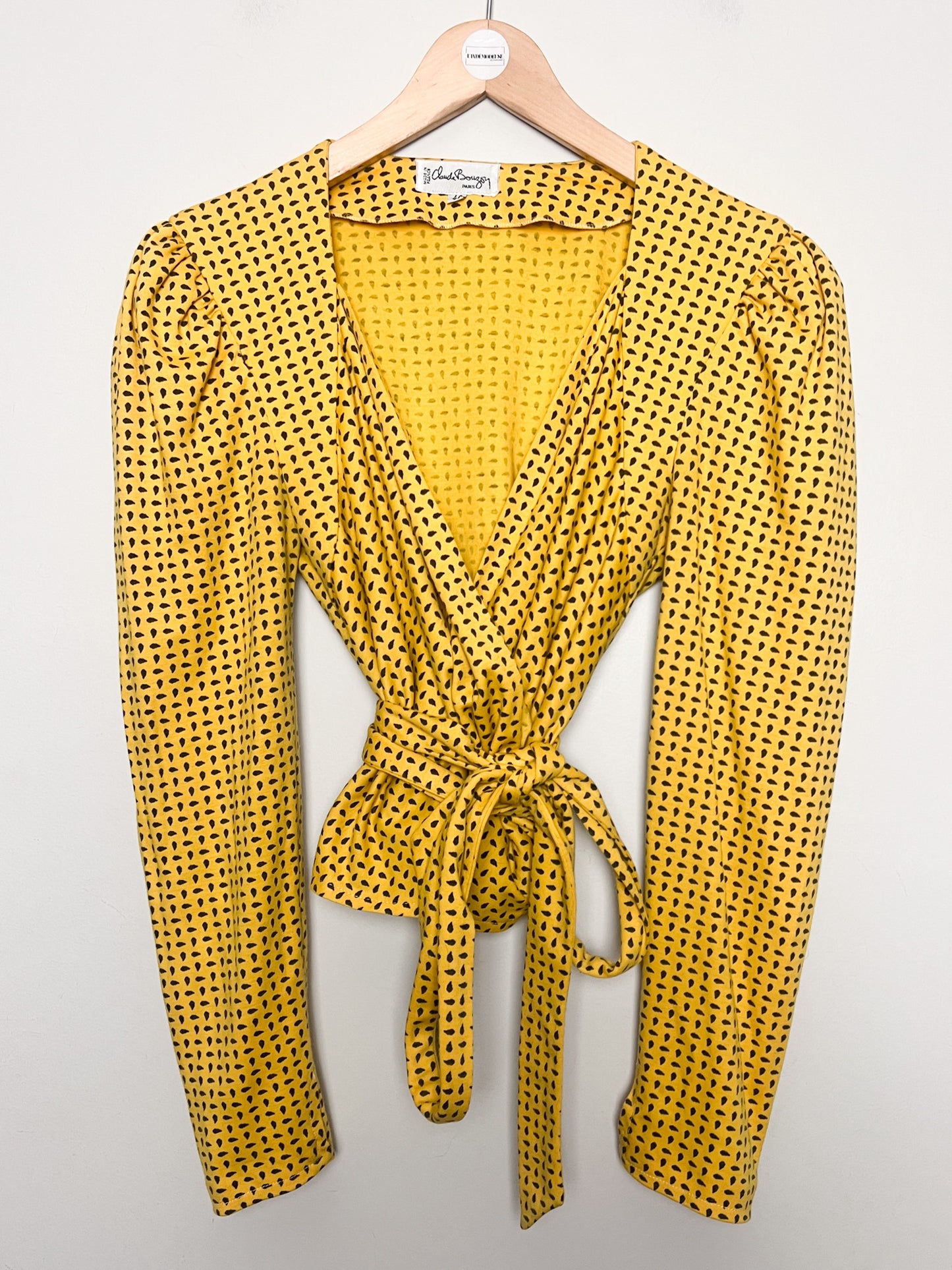 Top Cache-Cœur Vintage Années 80 – Jaune imprimés noir Manches Gigot - Laine - Charles Bouzon T. 36/38