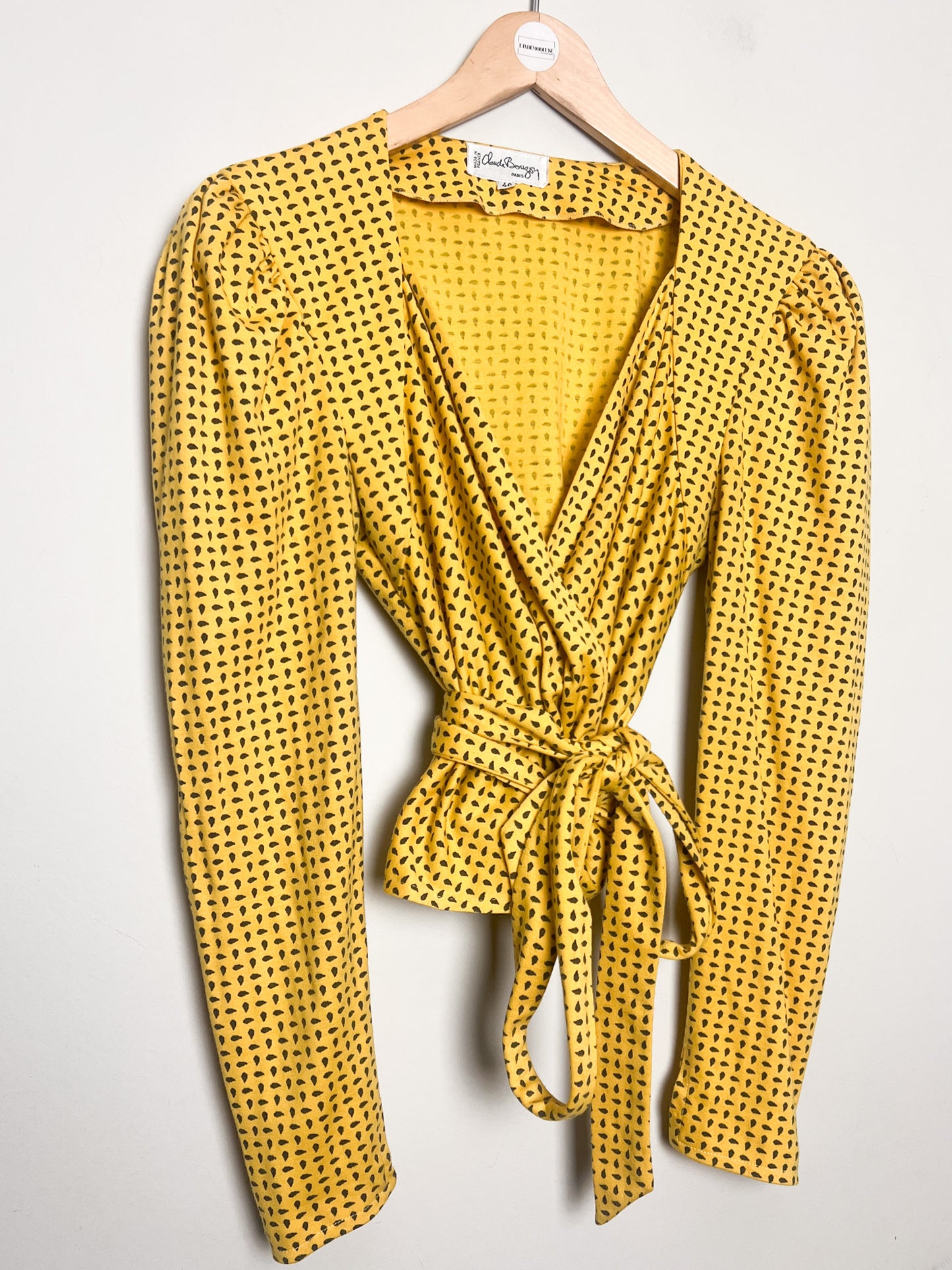 Top Cache-Cœur Vintage Années 80 – Jaune imprimés noir Manches Gigot - Laine - Charles Bouzon T. 36/38