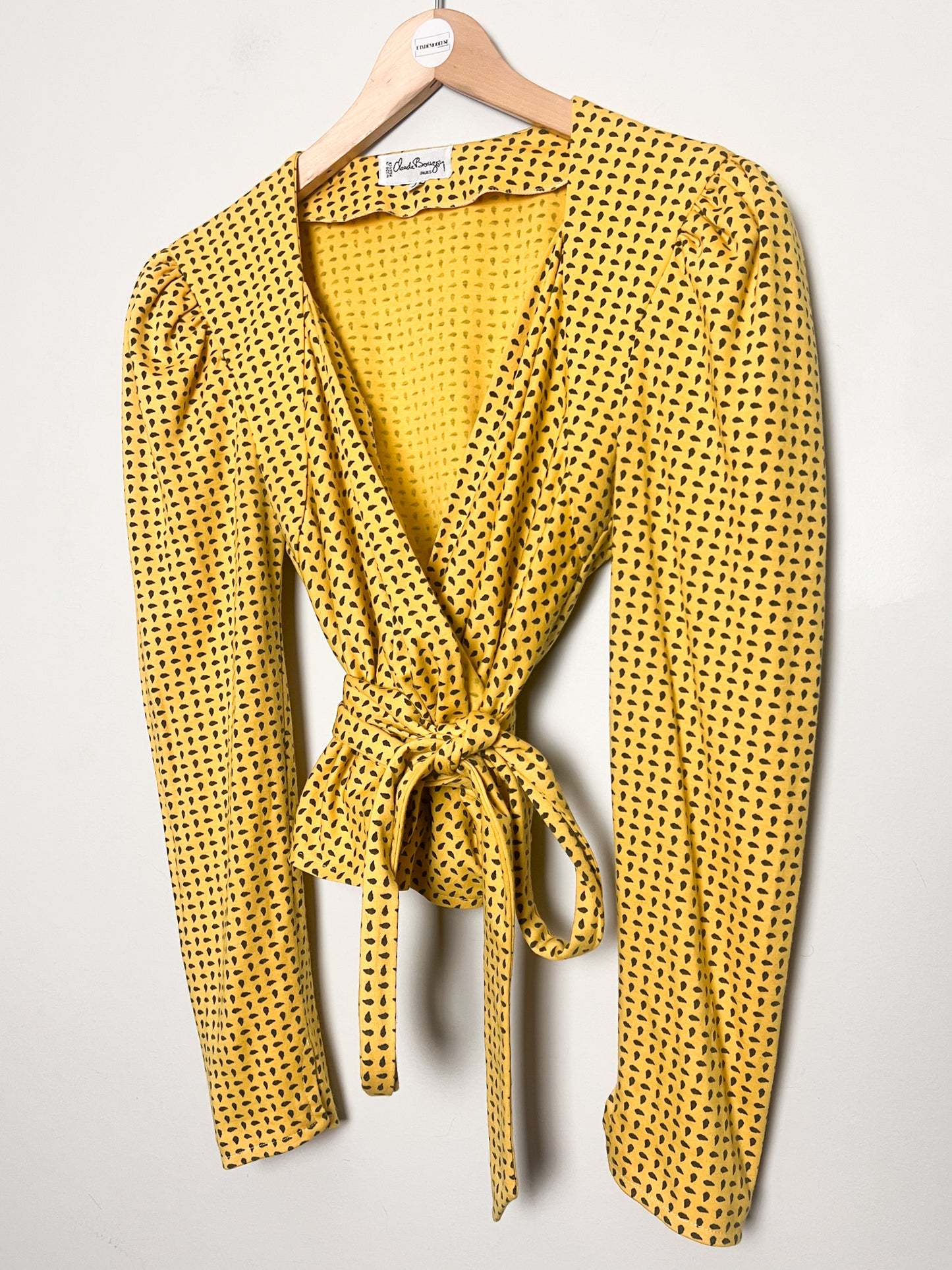 Top Cache-Cœur Vintage Années 80 – Jaune imprimés noir Manches Gigot - Laine - Charles Bouzon T. 36/38