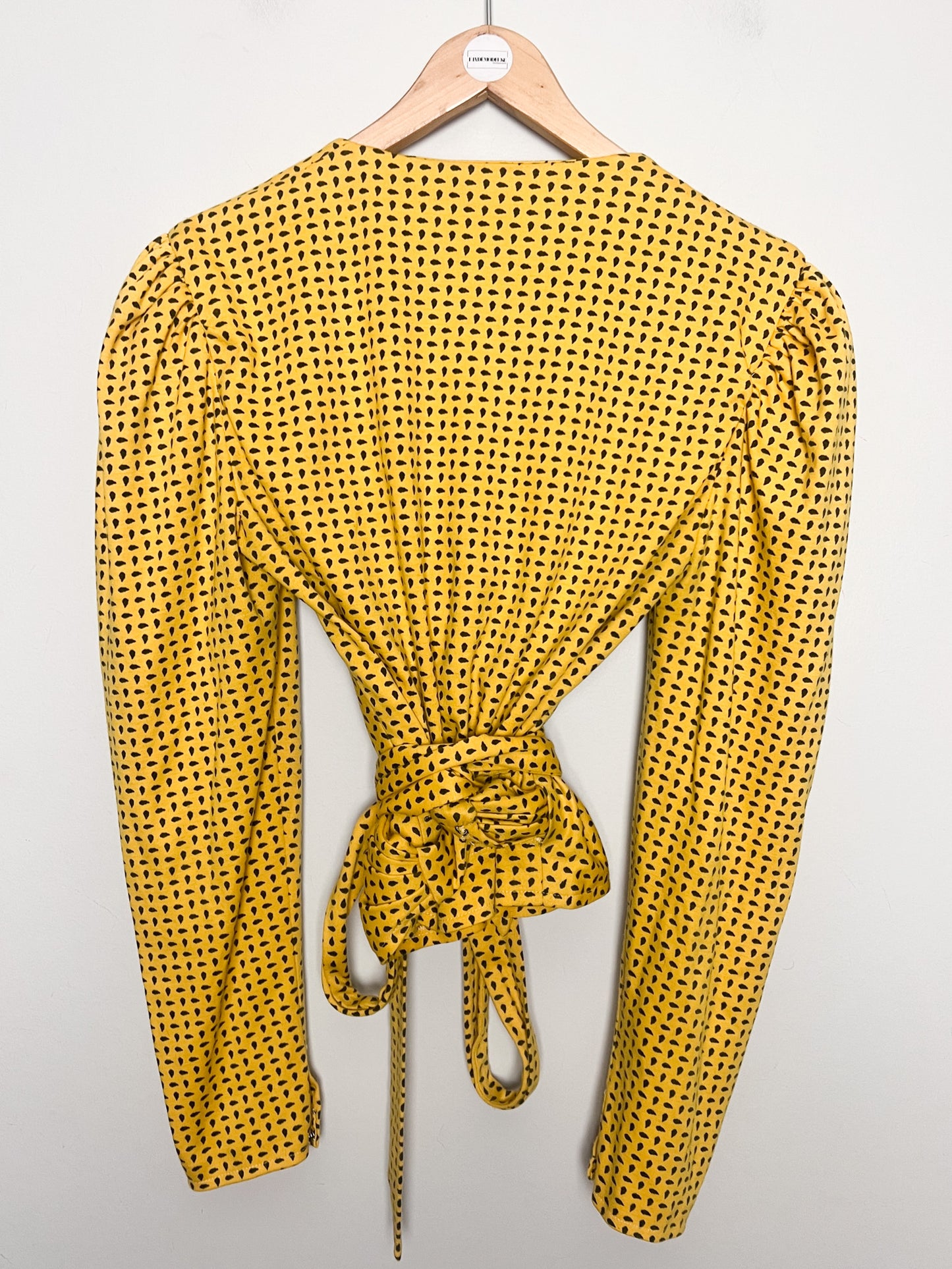 Top Cache-Cœur Vintage Années 80 – Jaune imprimés noir Manches Gigot - Laine - Charles Bouzon T. 36/38
