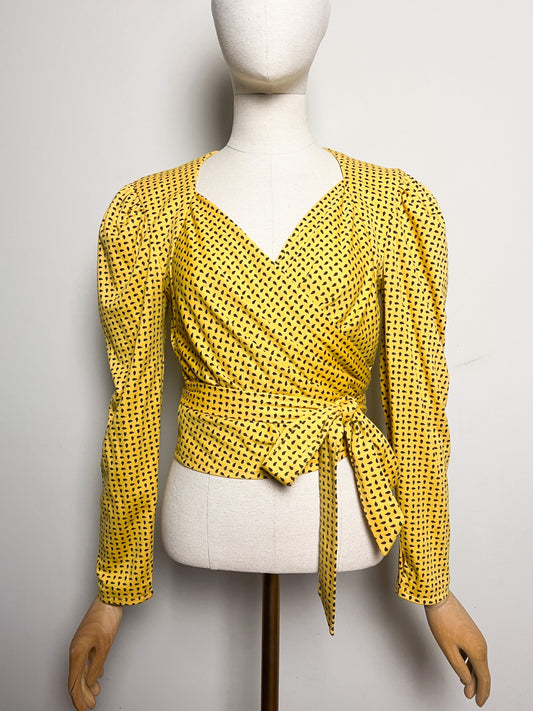 Top Cache-Cœur Vintage Années 80 – Jaune imprimés noir Manches Gigot - Laine - Charles Bouzon T. 36/38