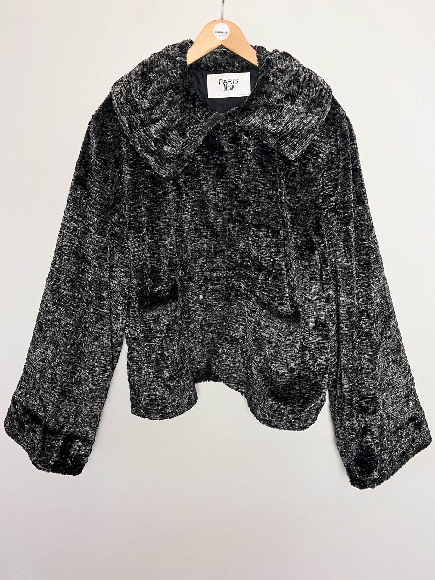 Manteau Court Fausse Fourrure Noir Gris Vintage Années 80 - Paris Mode - Made in France - T. 40/42