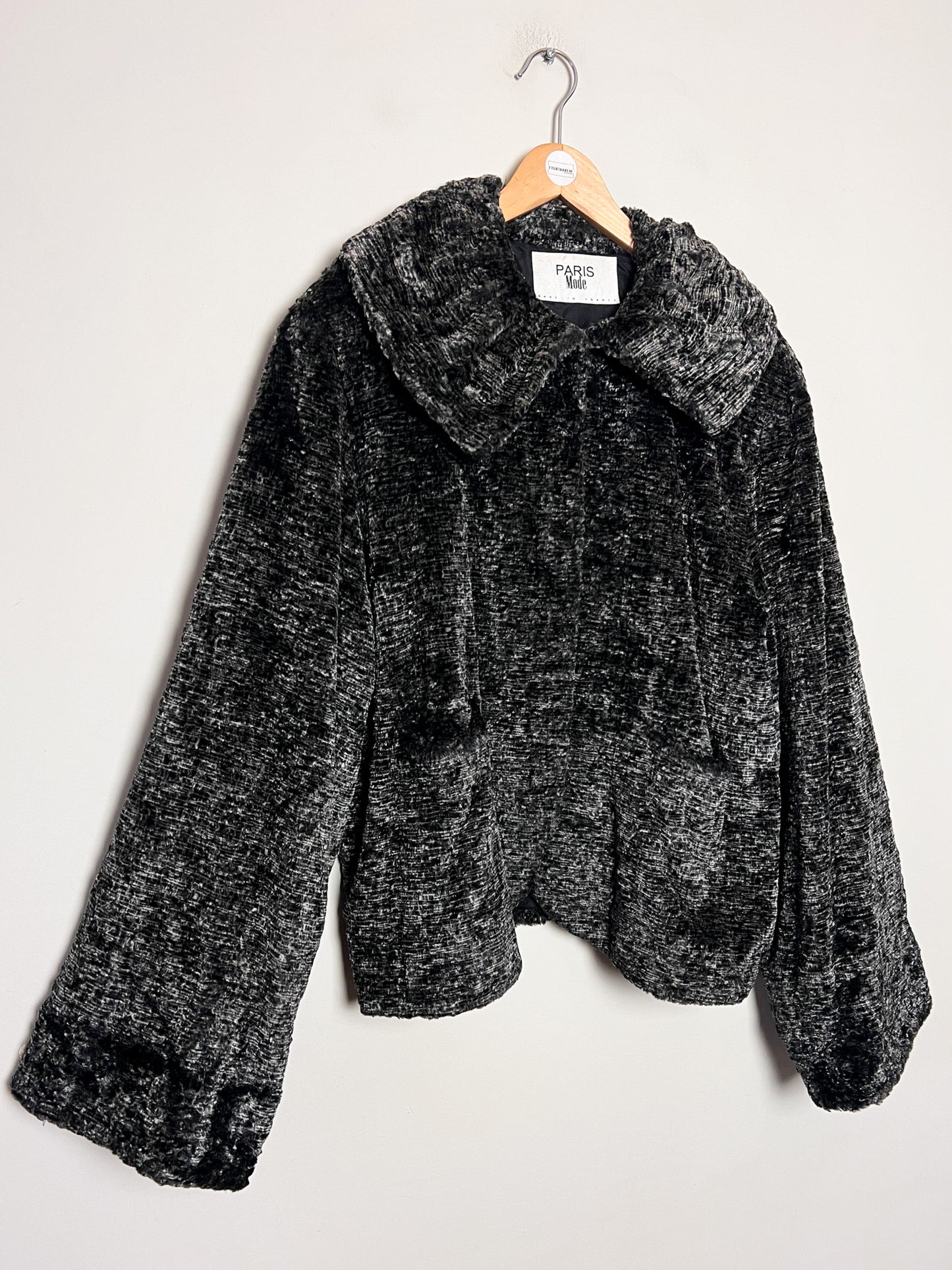 Manteau Court Fausse Fourrure Noir Gris Vintage Années 80 - Paris Mode - Made in France - T. 40/42