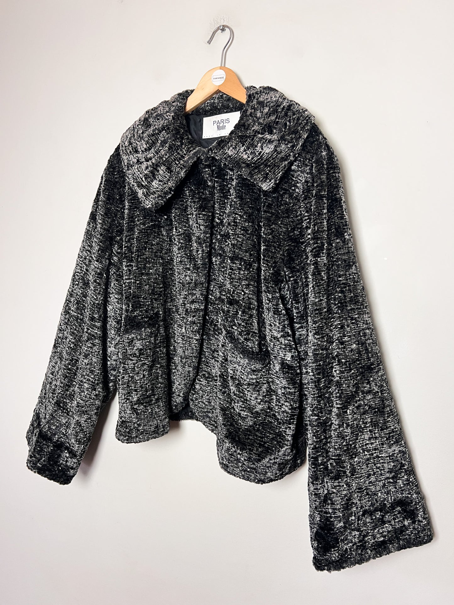 Manteau Court Fausse Fourrure Noir Gris Vintage Années 80 - Paris Mode - Made in France - T. 40/42