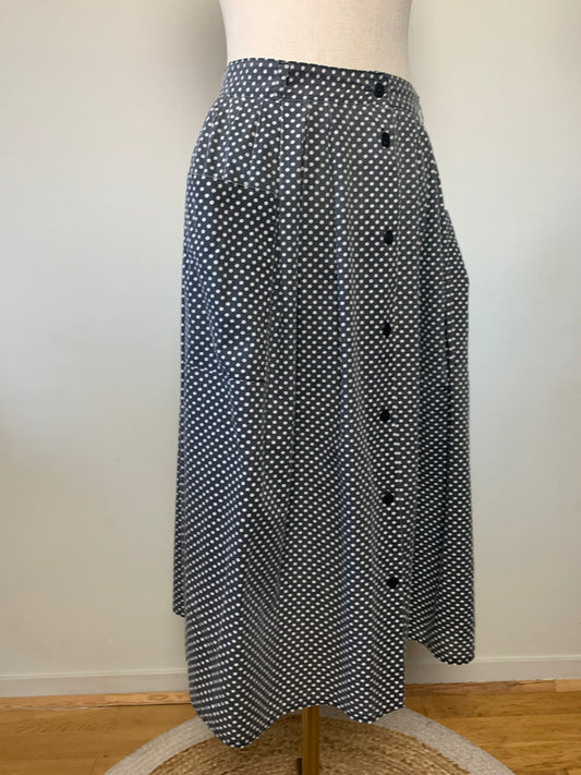 Jupe midi à plis gris anthracite à pois blancs boutonnée sur le devant vintage