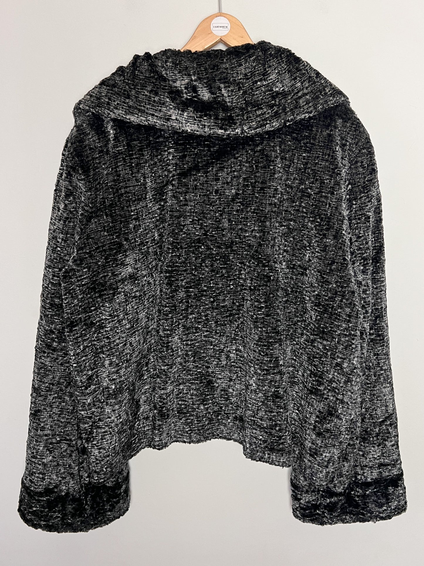 Manteau Court Fausse Fourrure Noir Gris Vintage Années 80 - Paris Mode - Made in France - T. 40/42