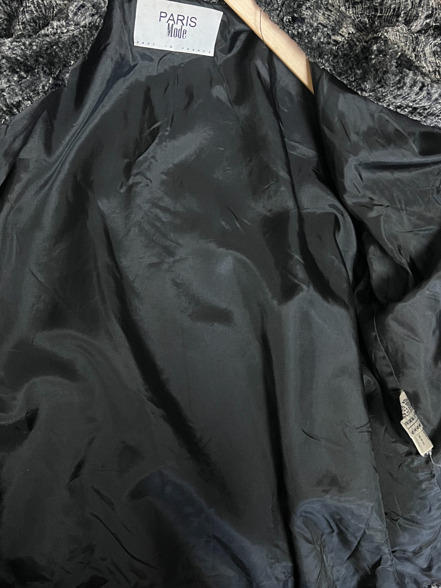 Manteau Court Fausse Fourrure Noir Gris Vintage Années 80 - Paris Mode - Made in France - T. 40/42