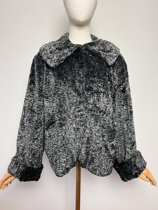 Manteau Court Fausse Fourrure Noir Gris Vintage Années 80 - Paris Mode - Made in France - T. 40/42