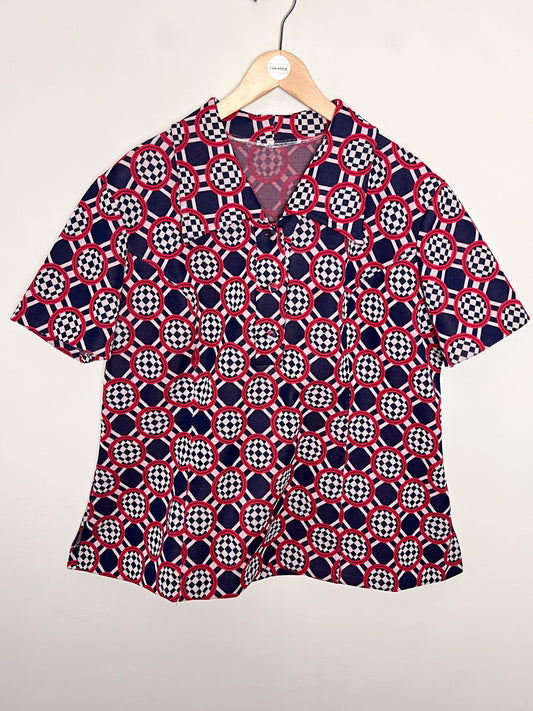 Blouse Vintage 70s - Col Pelle à Tarte - Imprimé Géométrique – Bleu Marine, blanc et rouge T. 42/44