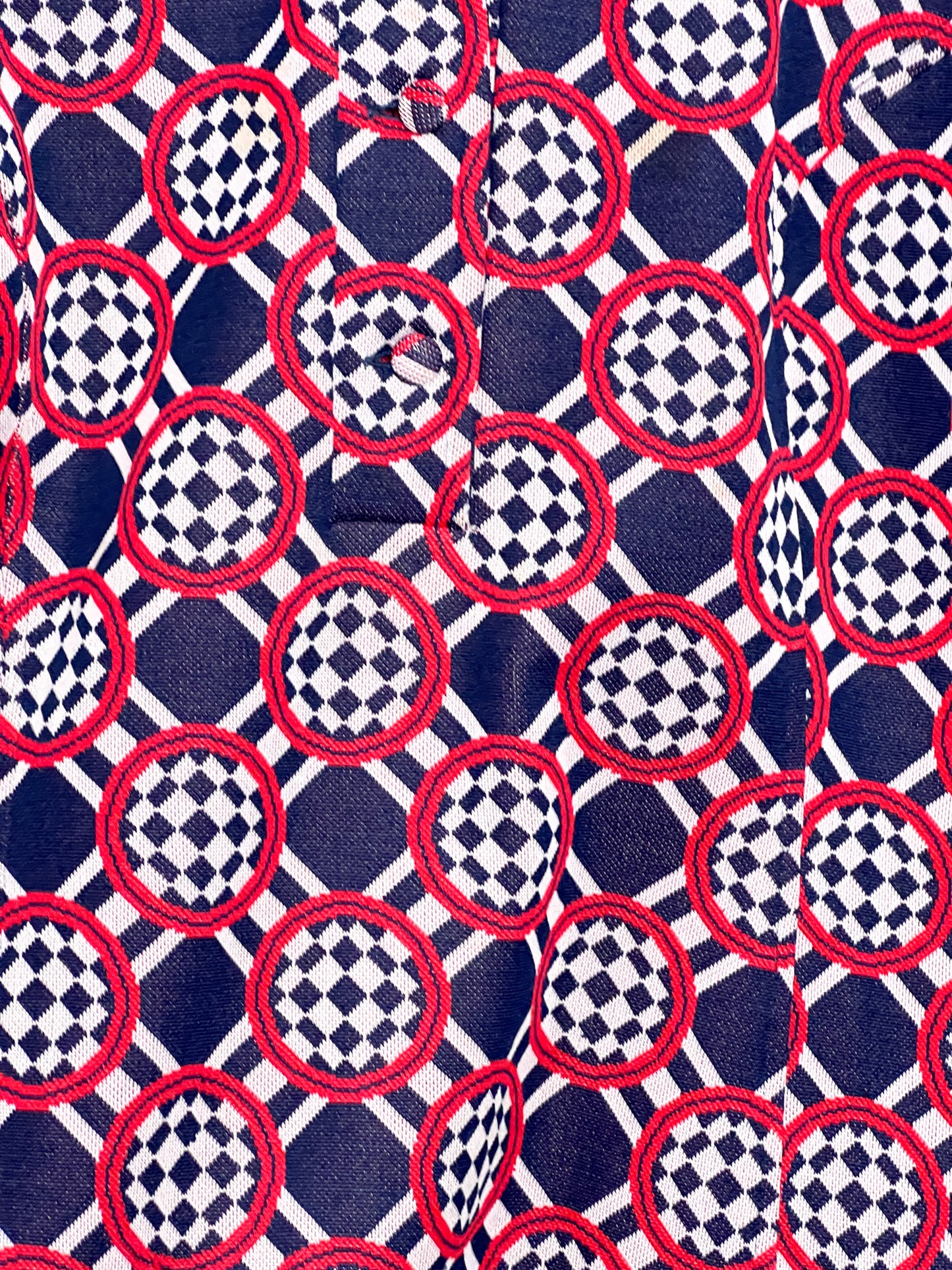 Blouse Vintage 70s - Col Pelle à Tarte - Imprimé Géométrique – Bleu Marine, blanc et rouge T. 42/44