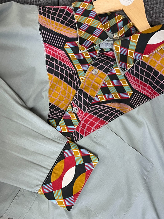 Chemise Vintage Années 90 Grise avec Empiècements Graphiques Multicolore - Mixte - Mative - Taille XXL