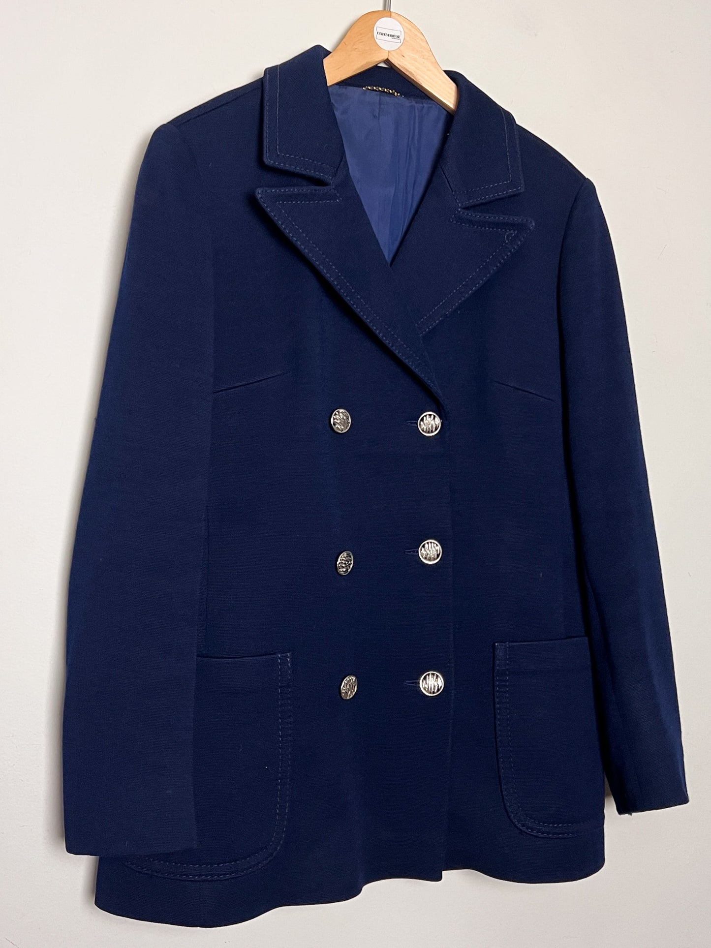 Manteau Court Vintage Années 70 Marine - 100% Pure Laine Vierge - Boutons Argentés - T. 38/40