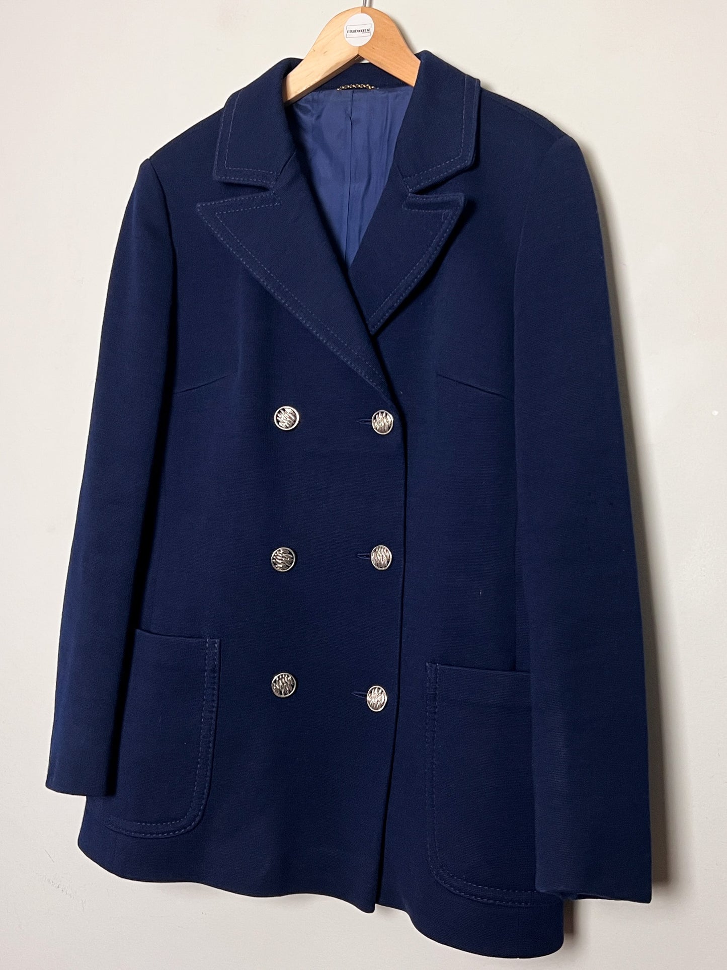 Manteau Court Vintage Années 70 Marine - 100% Pure Laine Vierge - Boutons Argentés - T. 38/40
