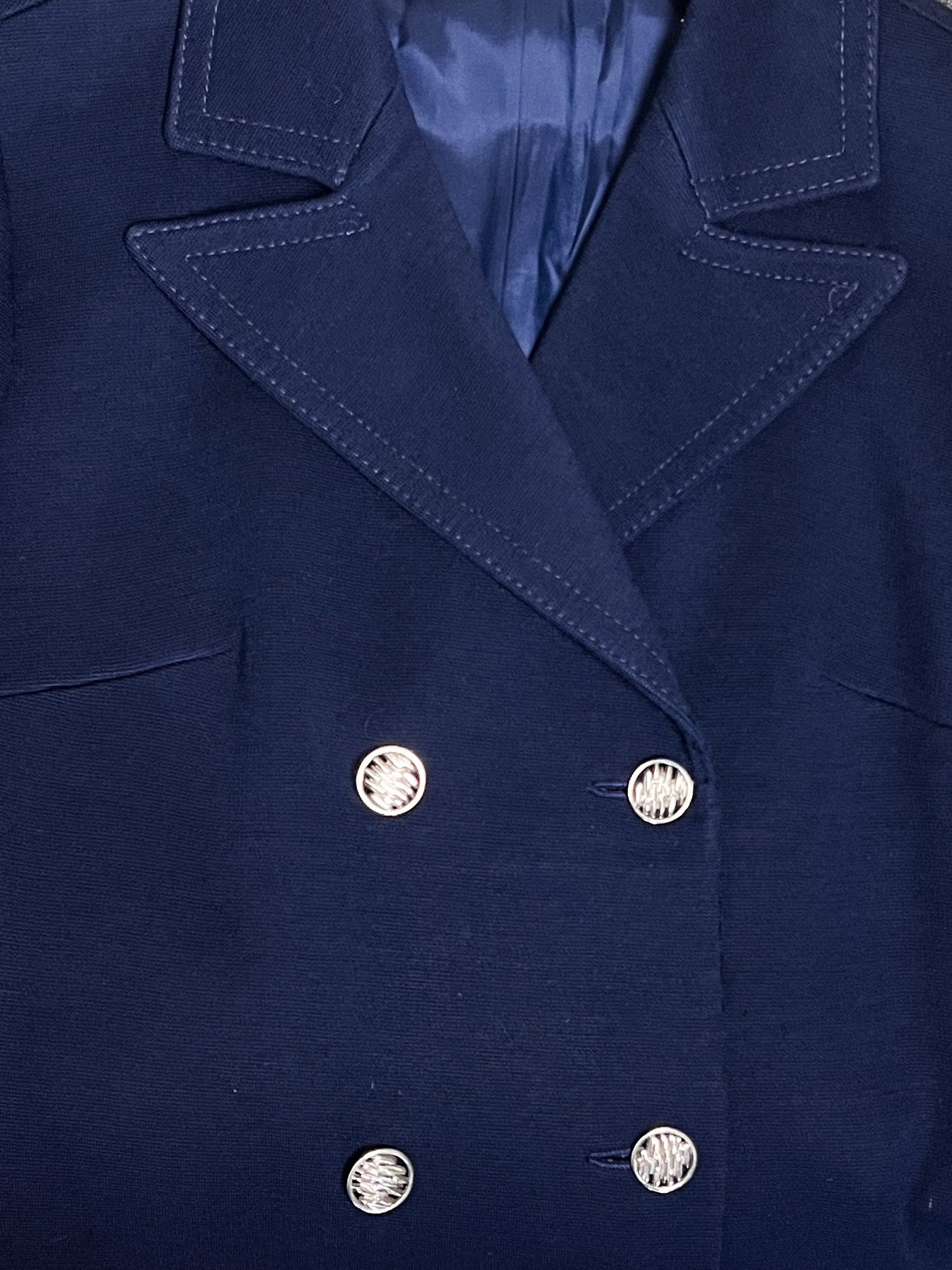 Manteau Court Vintage Années 70 Marine - 100% Pure Laine Vierge - Boutons Argentés - T. 38/40