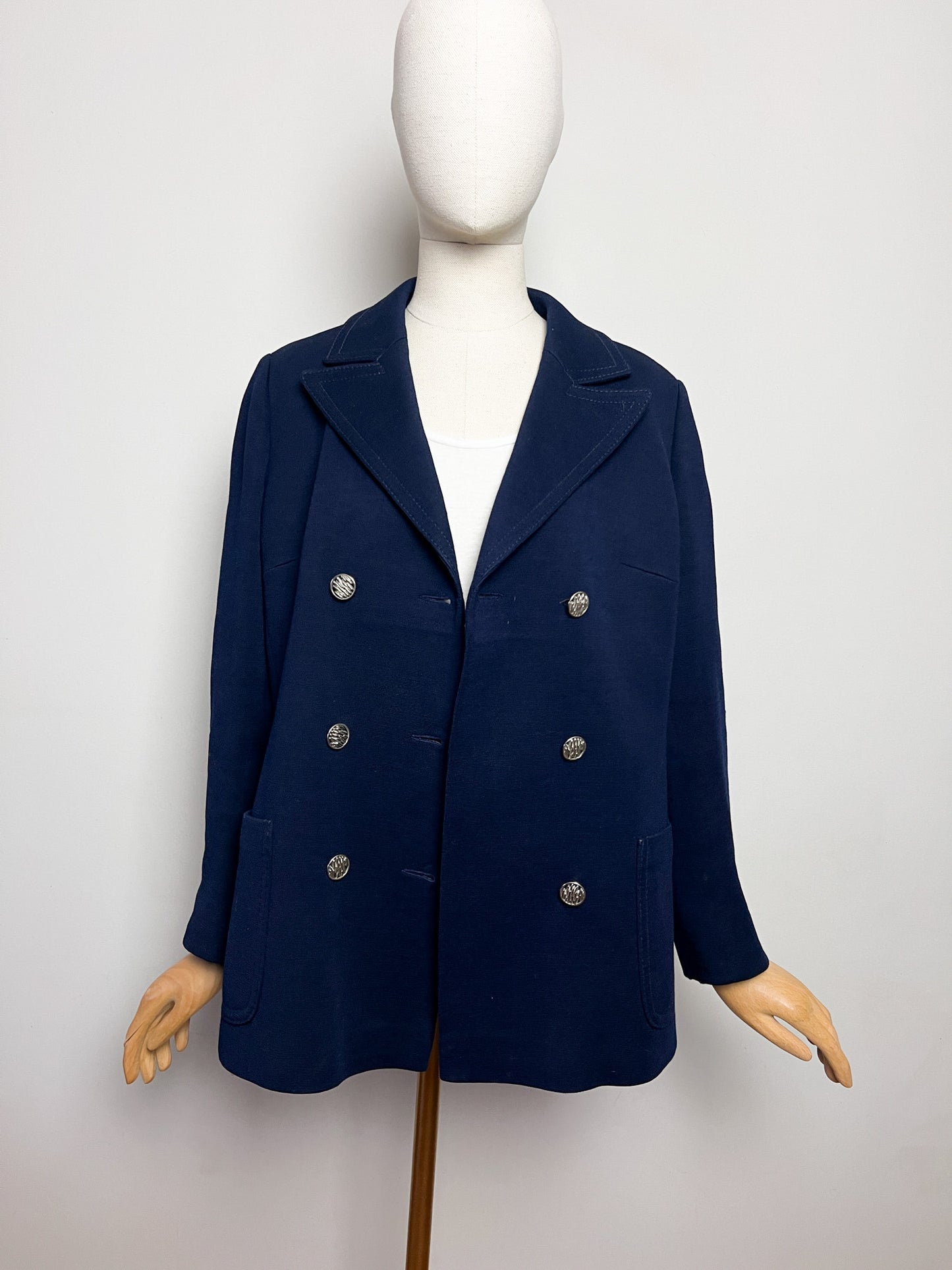 Manteau Court Vintage Années 70 Marine - 100% Pure Laine Vierge - Boutons Argentés - T. 38/40