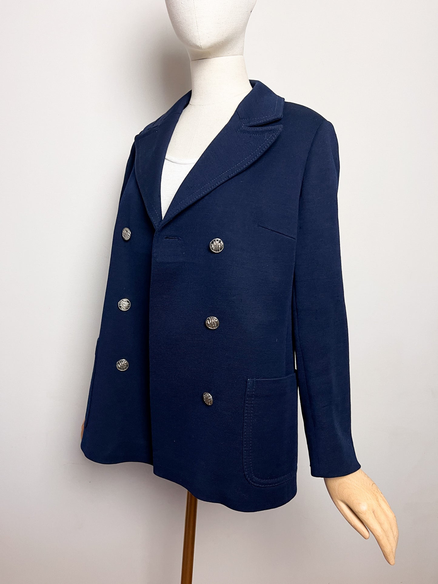 Manteau Court Vintage Années 70 Marine - 100% Pure Laine Vierge - Boutons Argentés - T. 38/40
