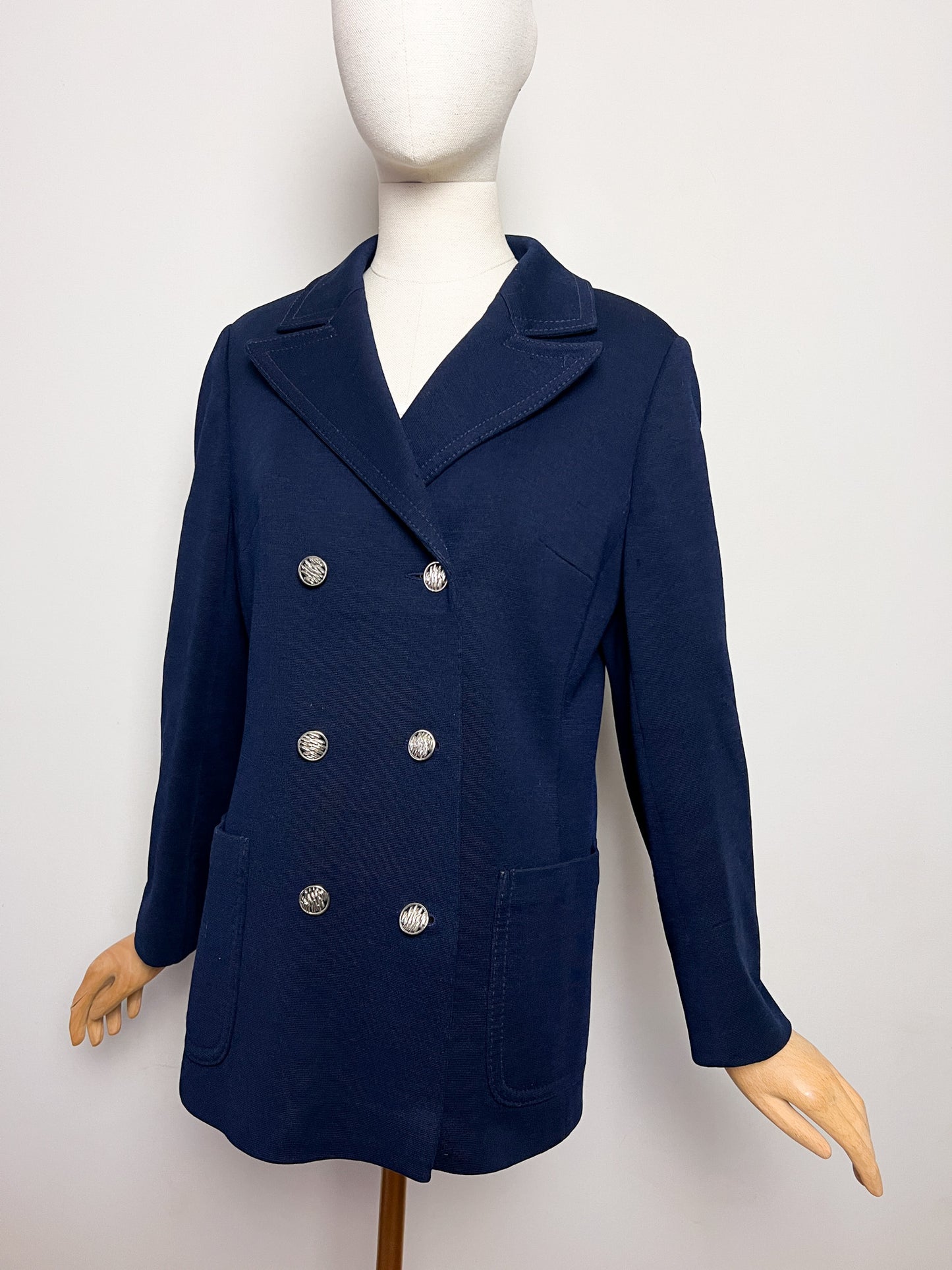 Manteau Court Vintage Années 70 Marine - 100% Pure Laine Vierge - Boutons Argentés - T. 38/40