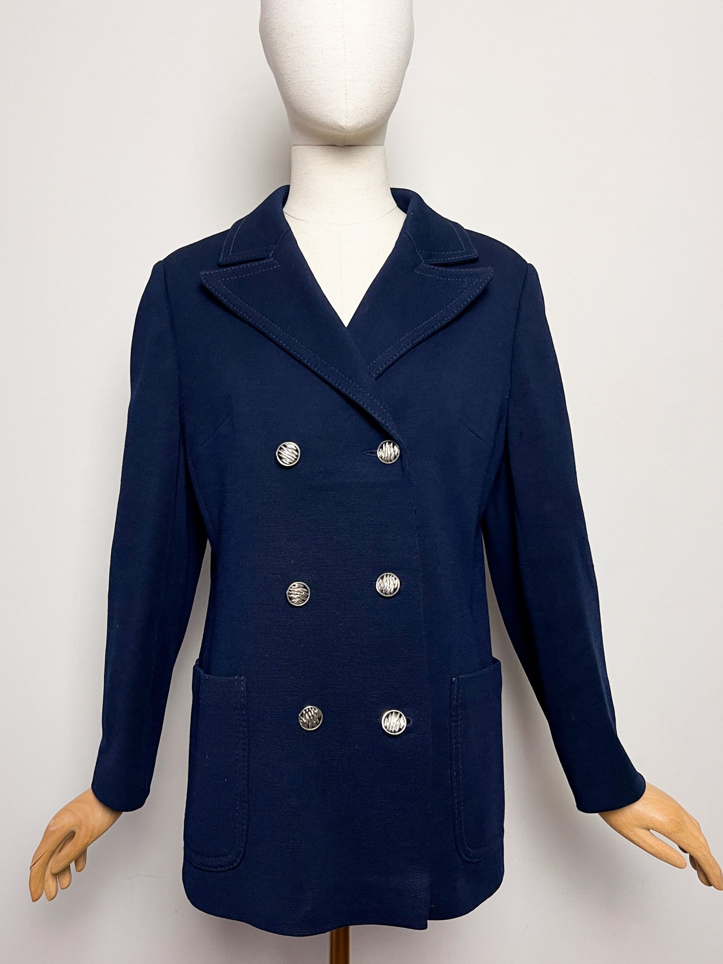 Manteau Court Vintage Années 70 Marine - 100% Pure Laine Vierge - Boutons Argentés - T. 38/40