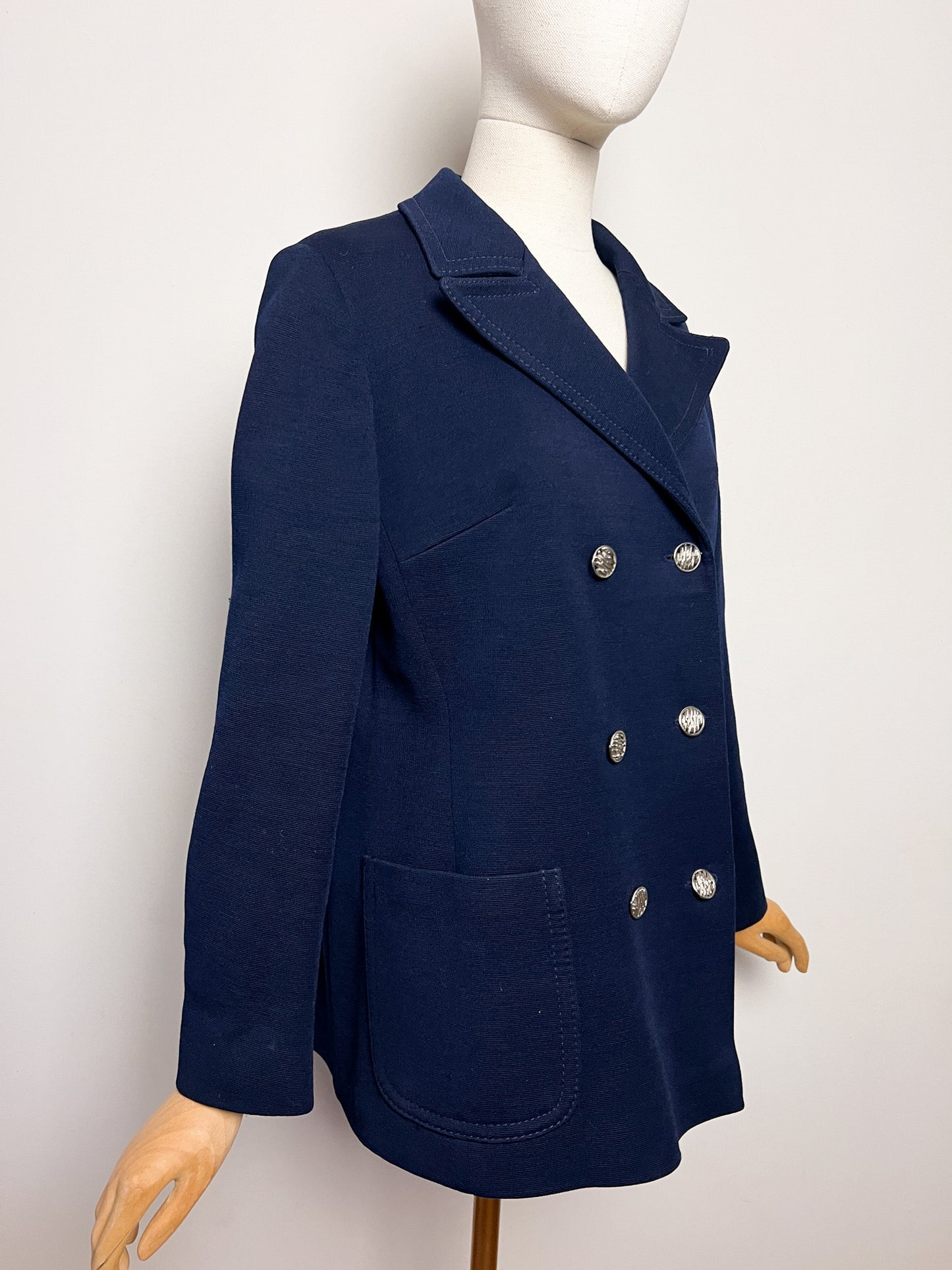 Manteau Court Vintage Années 70 Marine - 100% Pure Laine Vierge - Boutons Argentés - T. 38/40