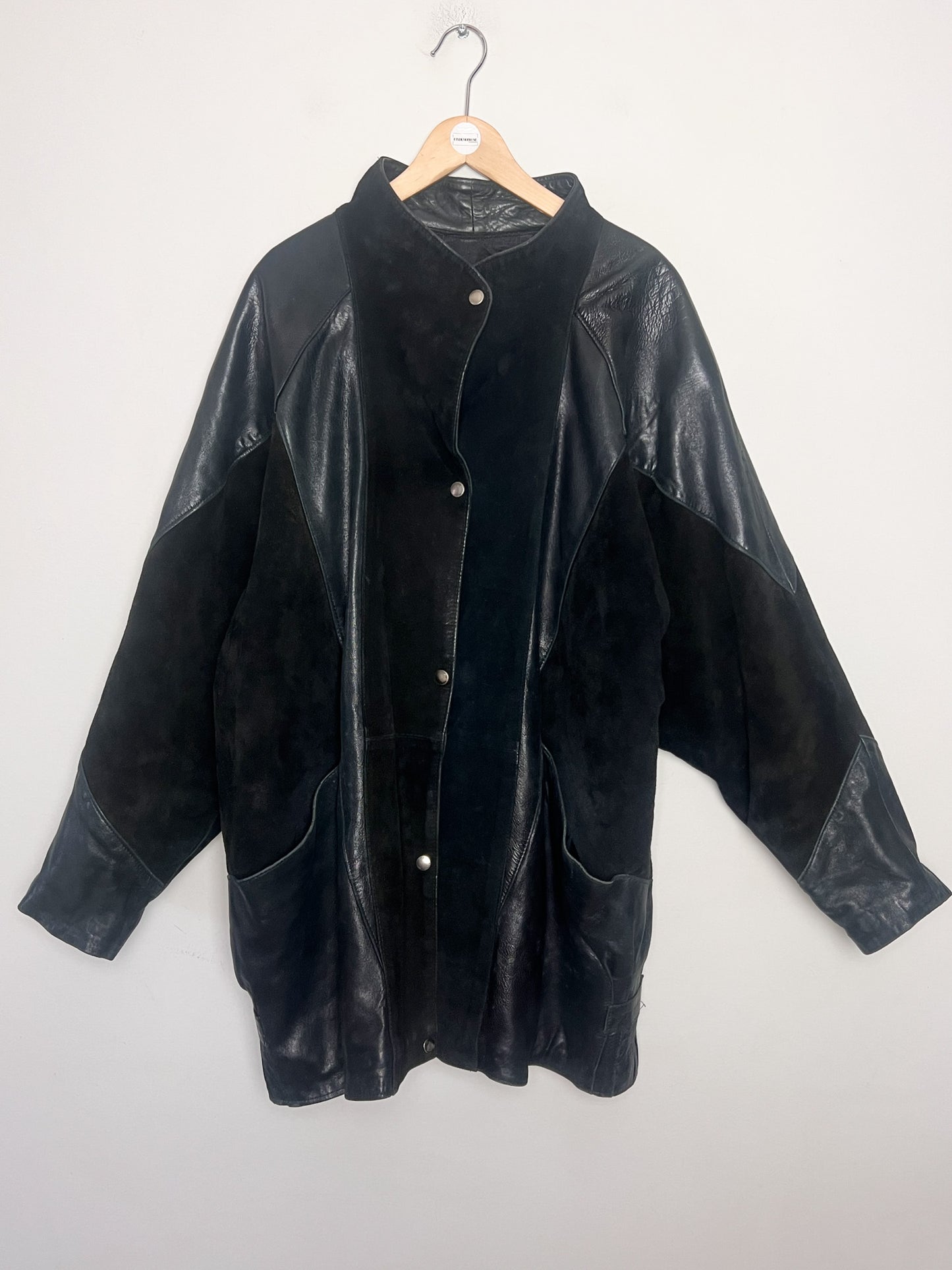 Manteau Cuir Vintage Années 80/90 -Noir- Oversize & Chauve-Souris - Roman Quovadis - T. L/XL