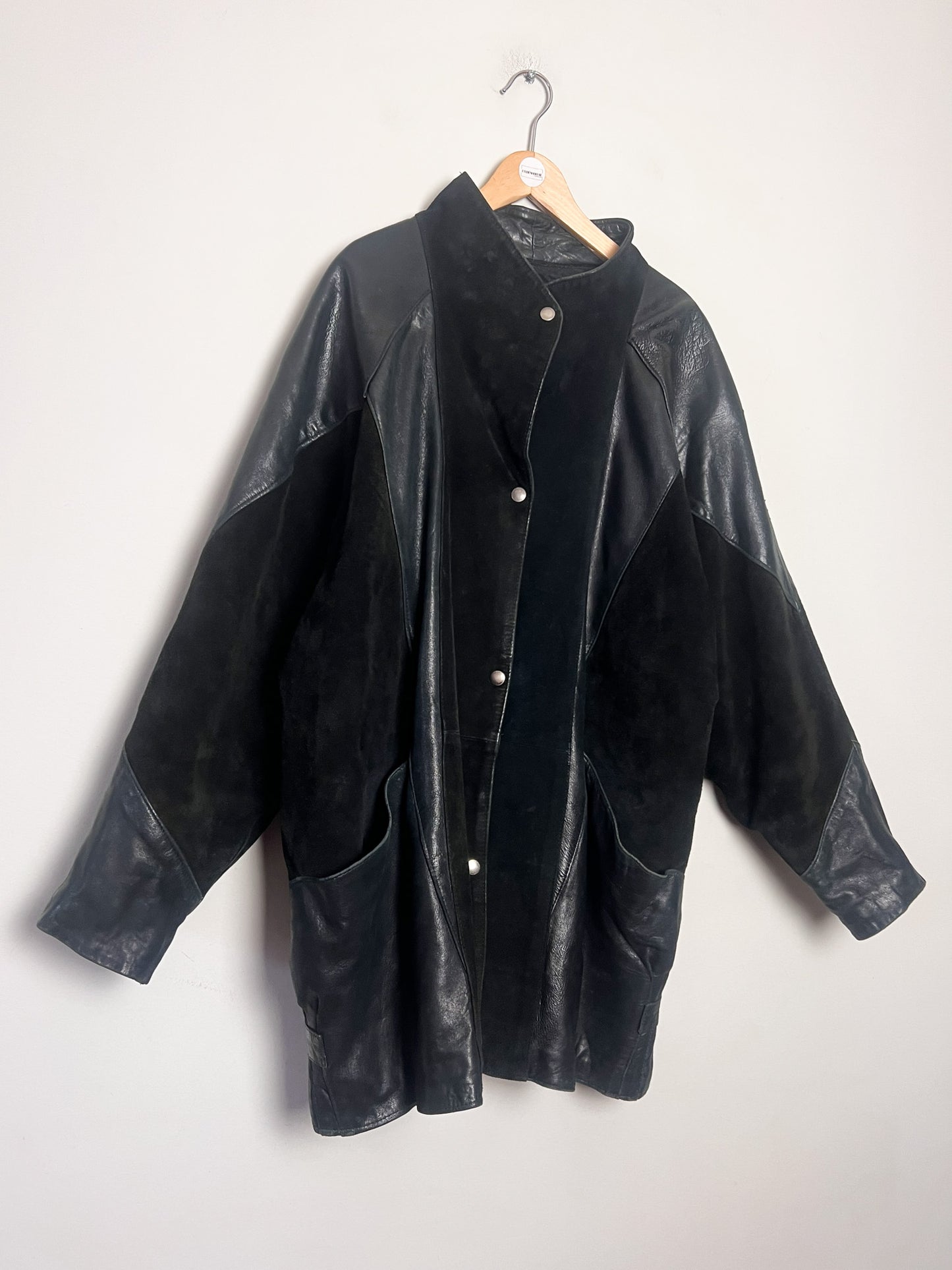 Manteau Cuir Vintage Années 80/90 -Noir- Oversize & Chauve-Souris - Roman Quovadis - T. L/XL