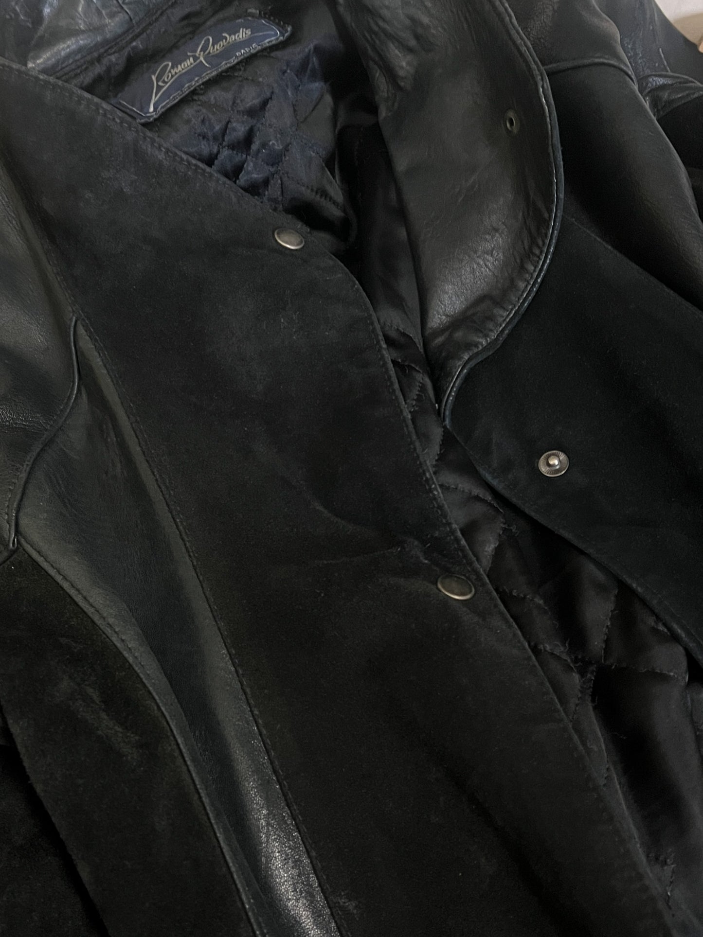 Manteau Cuir Vintage Années 80/90 -Noir- Oversize & Chauve-Souris - Roman Quovadis - T. L/XL