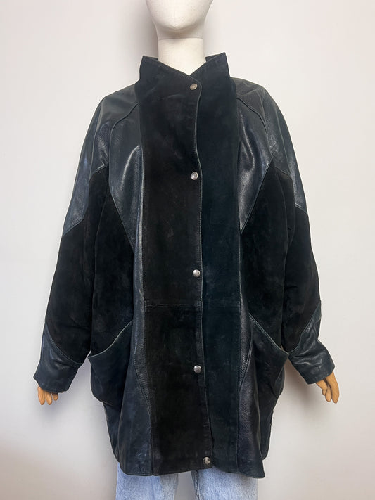 Manteau Cuir Vintage Années 80/90 -Noir- Oversize & Chauve-Souris - Roman Quovadis - T. L/XL