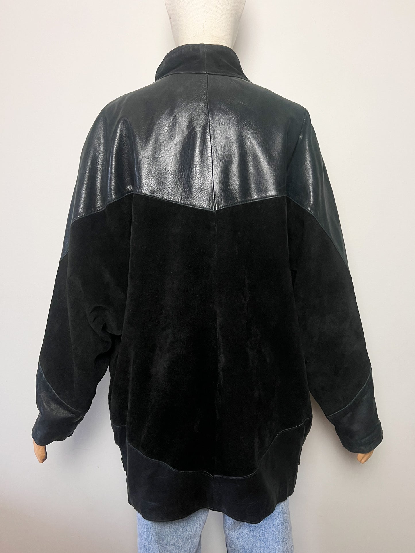 Manteau Cuir Vintage Années 80/90 -Noir- Oversize & Chauve-Souris - Roman Quovadis - T. L/XL