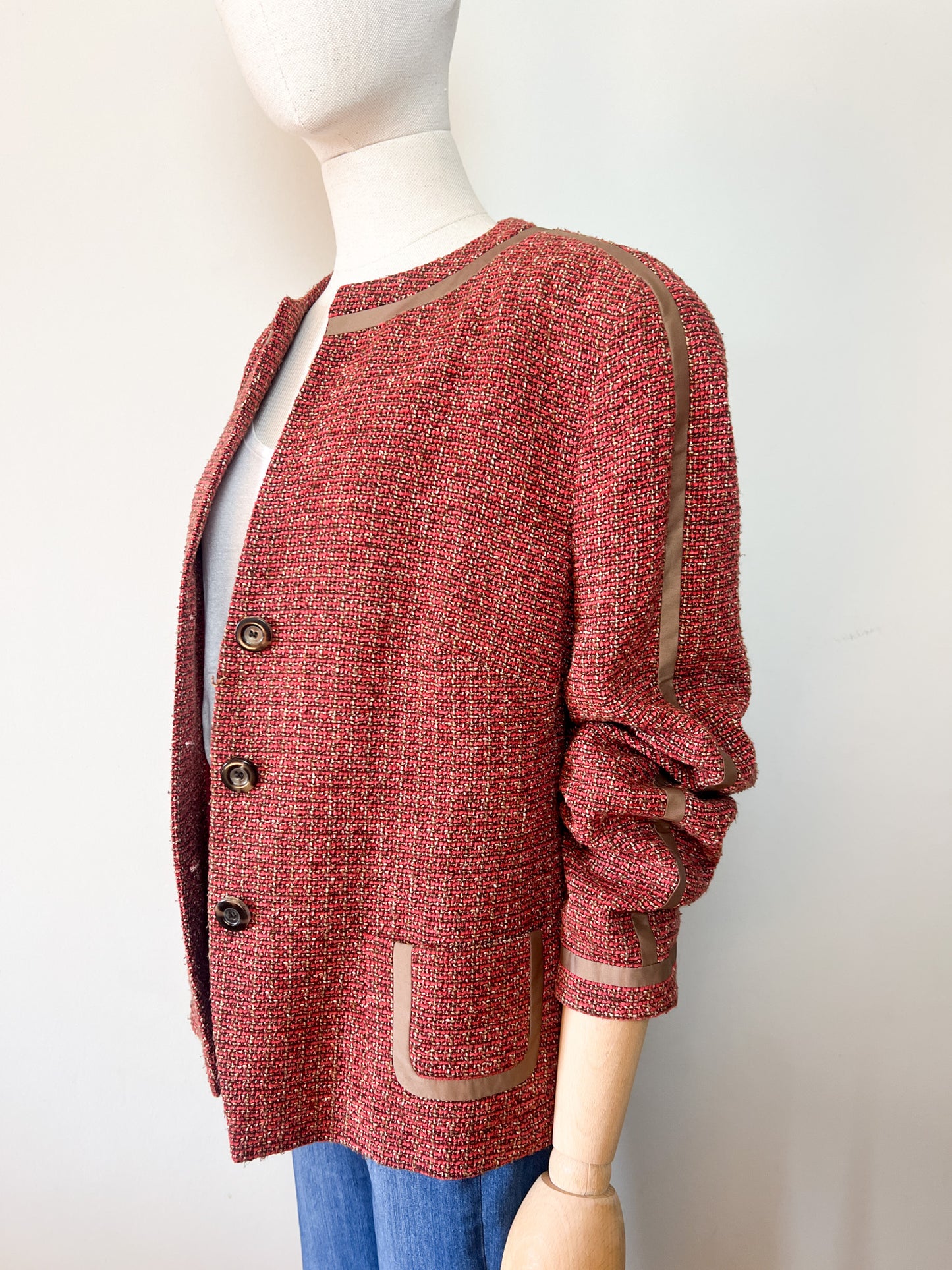 Veste Féraud Vintage Tweed - Laine Vierge - Marron & Bordeaux - T. 42/44