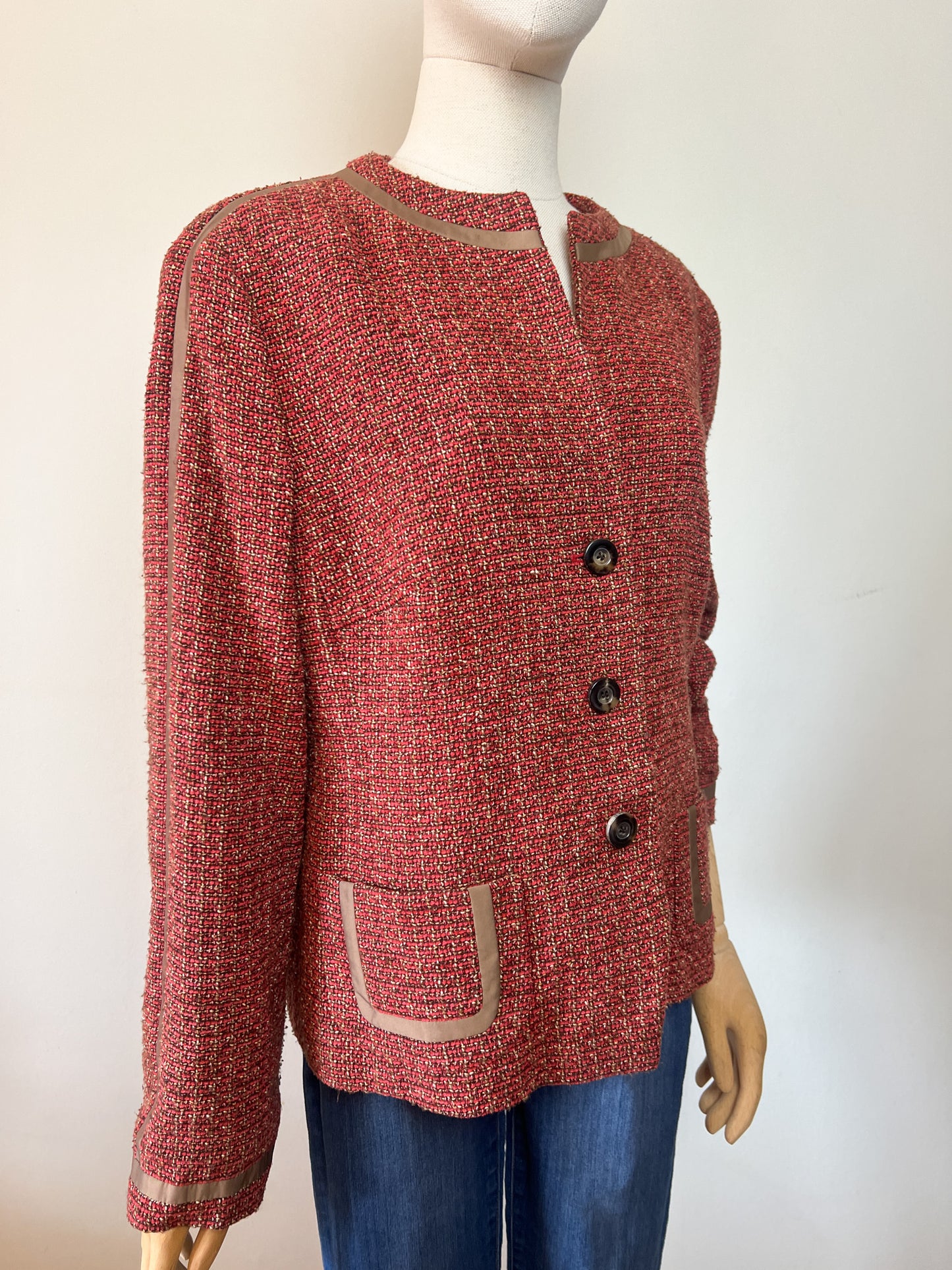 Veste Féraud Vintage Tweed - Laine Vierge - Marron & Bordeaux - T. 42/44