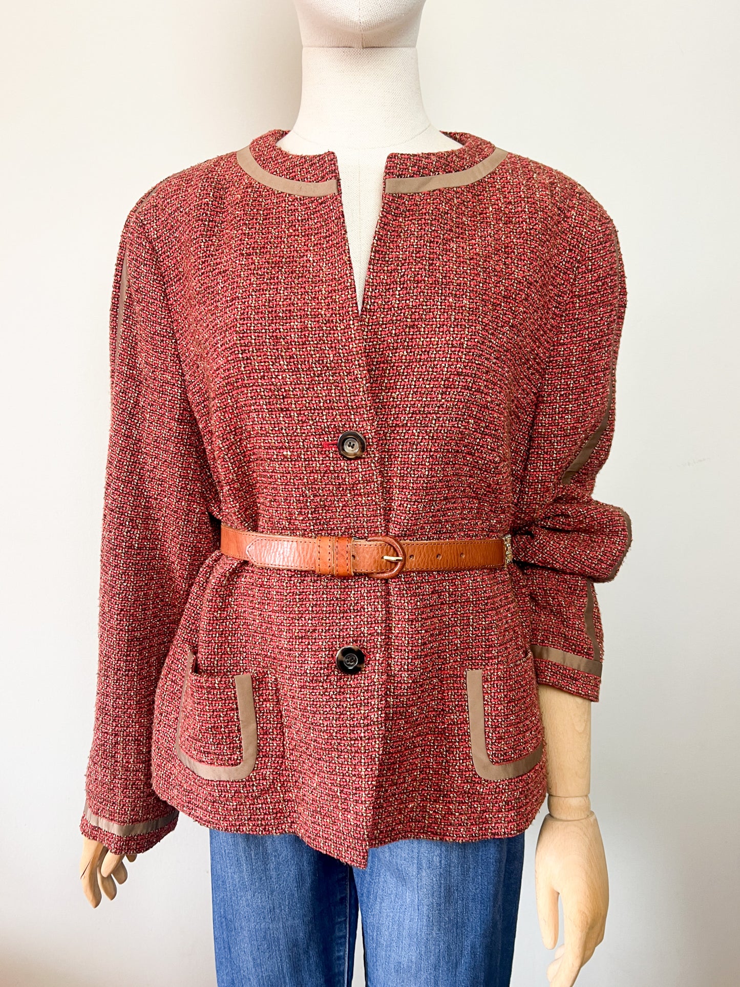 Veste Féraud Vintage Tweed - Laine Vierge - Marron & Bordeaux - T. 42/44