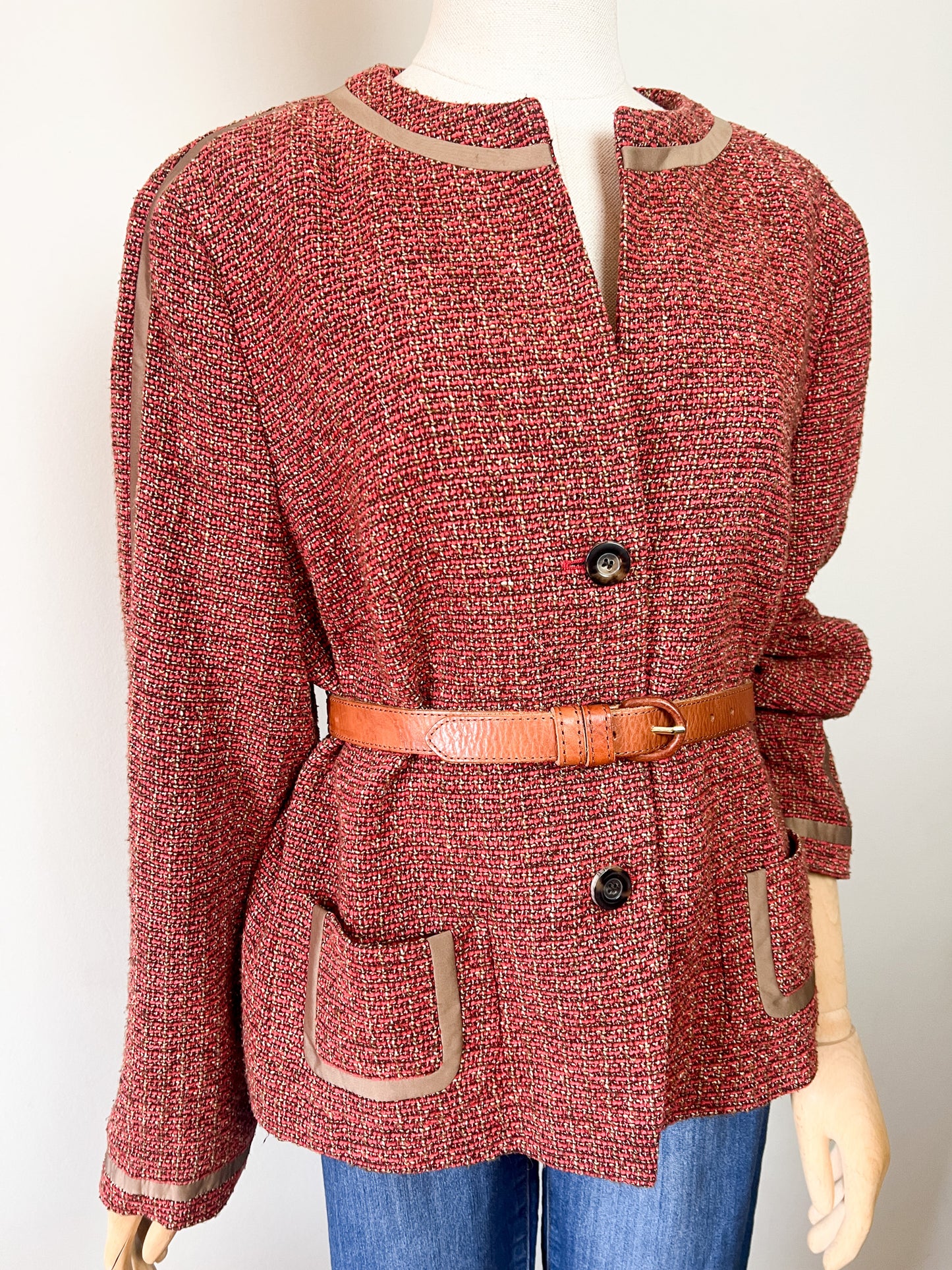 Veste Féraud Vintage Tweed - Laine Vierge - Marron & Bordeaux - T. 42/44