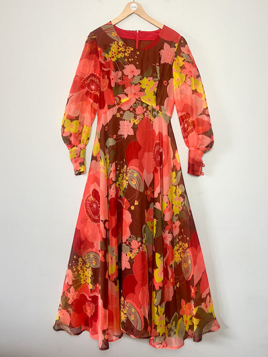 Robe Longue Vaporeuse Vintage Années 70 - Imprimé Floral Chaleureux - Fabriquée en France - T. 36/38