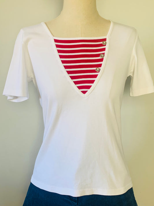 T-shirt 100% coton blanc avec rayures rouge esprit marin vintage Antonelle