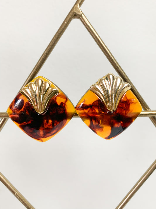 Boucles d’oreilles clips ambré imitation écaille de tortue vintage