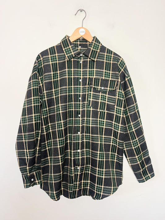 Surchemise Vintage années 80 90 à Carreaux Flanelle – Vert Bouteille, Gris & Beige – Taille S (Lose/Overfit)