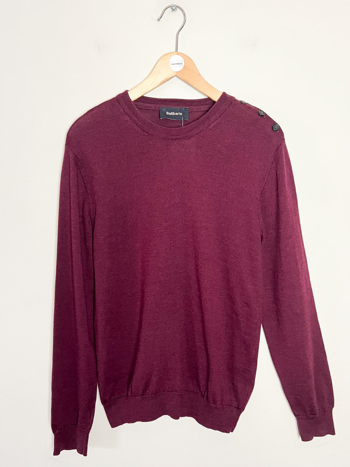 Pull marin Balibaris 100% laine mérinos bordeaux lie de vin — Détail boutons épaule TS / M ajusté