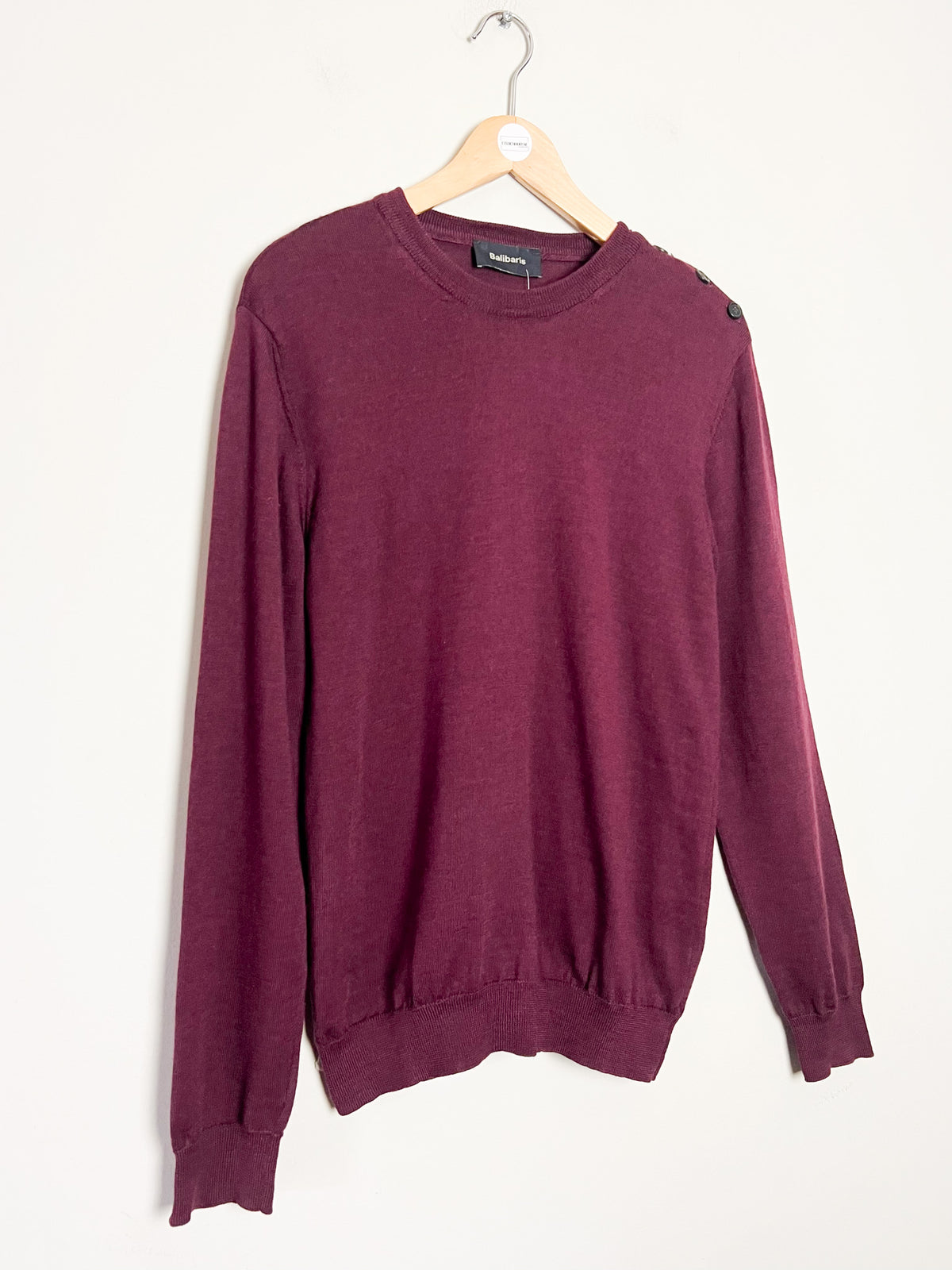 Pull marin Balibaris 100% laine mérinos bordeaux lie de vin — Détail boutons épaule TS / M ajusté