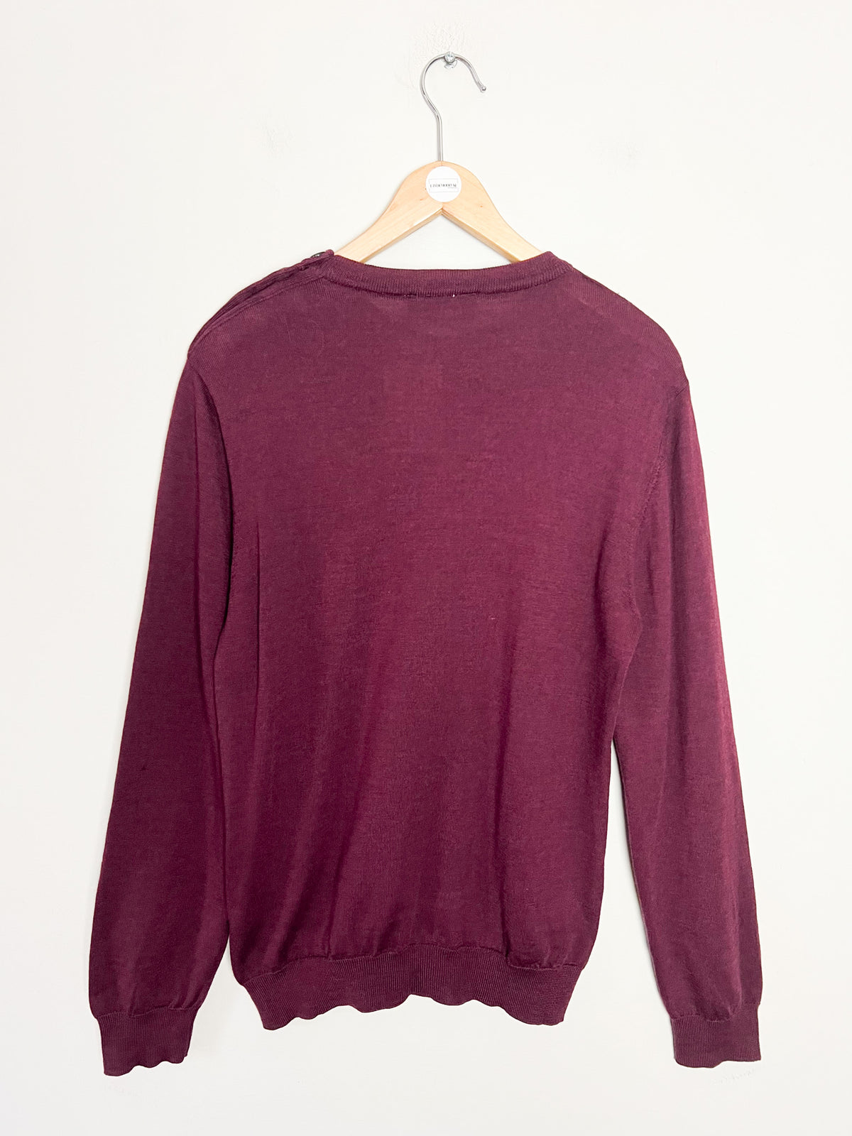 Pull marin Balibaris 100% laine mérinos bordeaux lie de vin — Détail boutons épaule TS / M ajusté