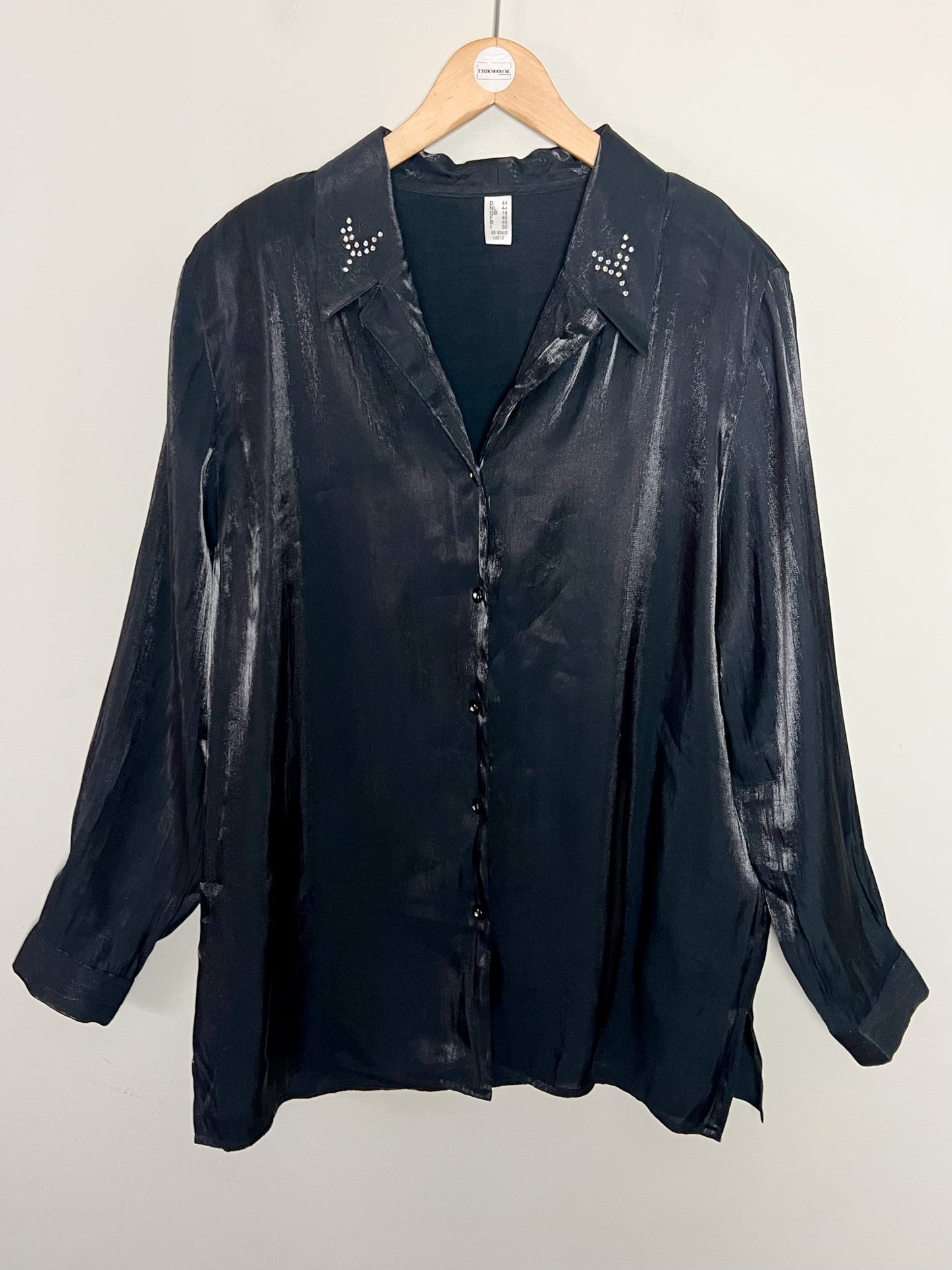 Chemisier Tunique Noir Moiré Vintage - Broderies & Strass - Chic - T42/44
